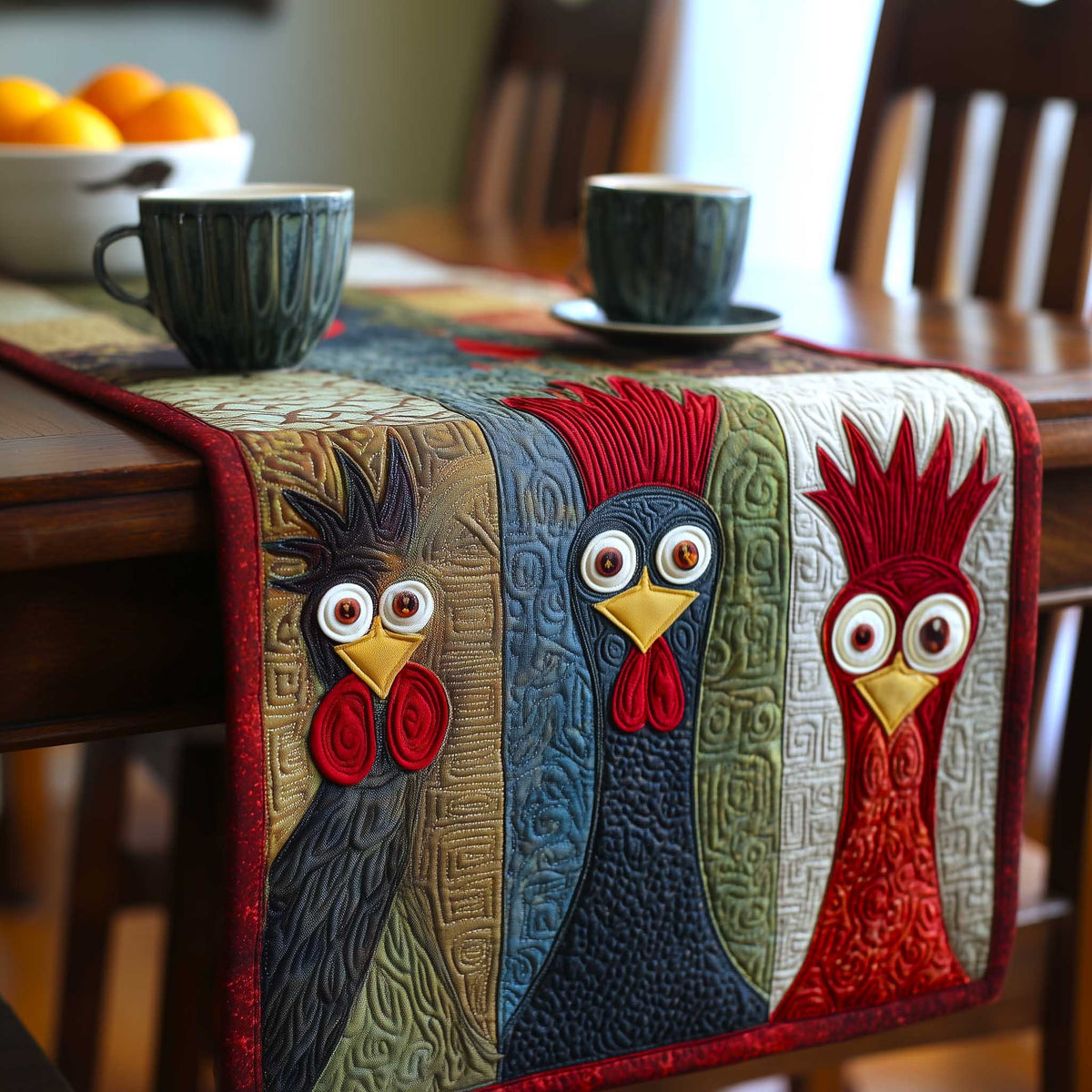 Folk Roosters on Striped Panel Table Runner