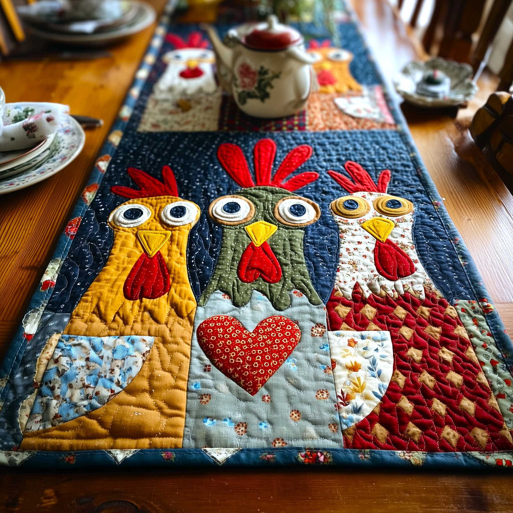 Chickens with a Red Heart Table Runner
