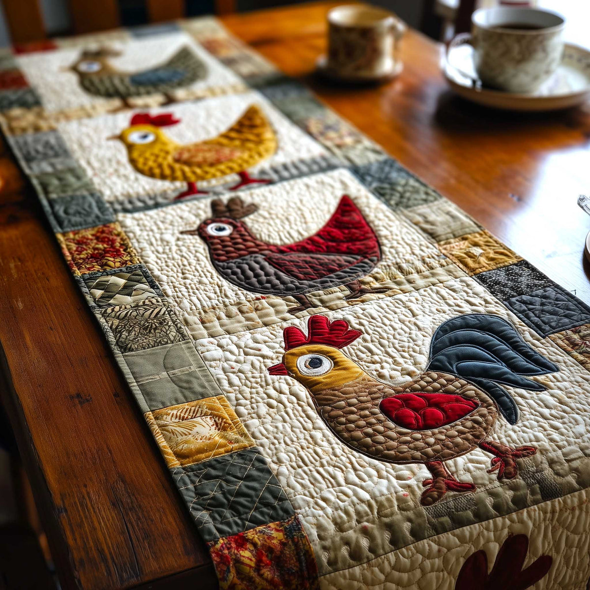 Hens on Cream Blocks Table Runner