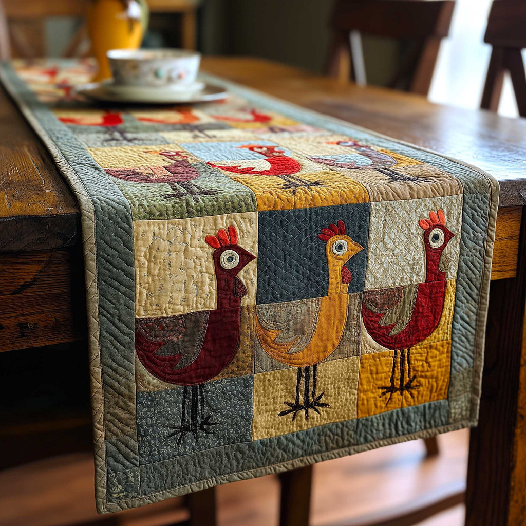 Simple Folk Chickens on Blue Table Runner