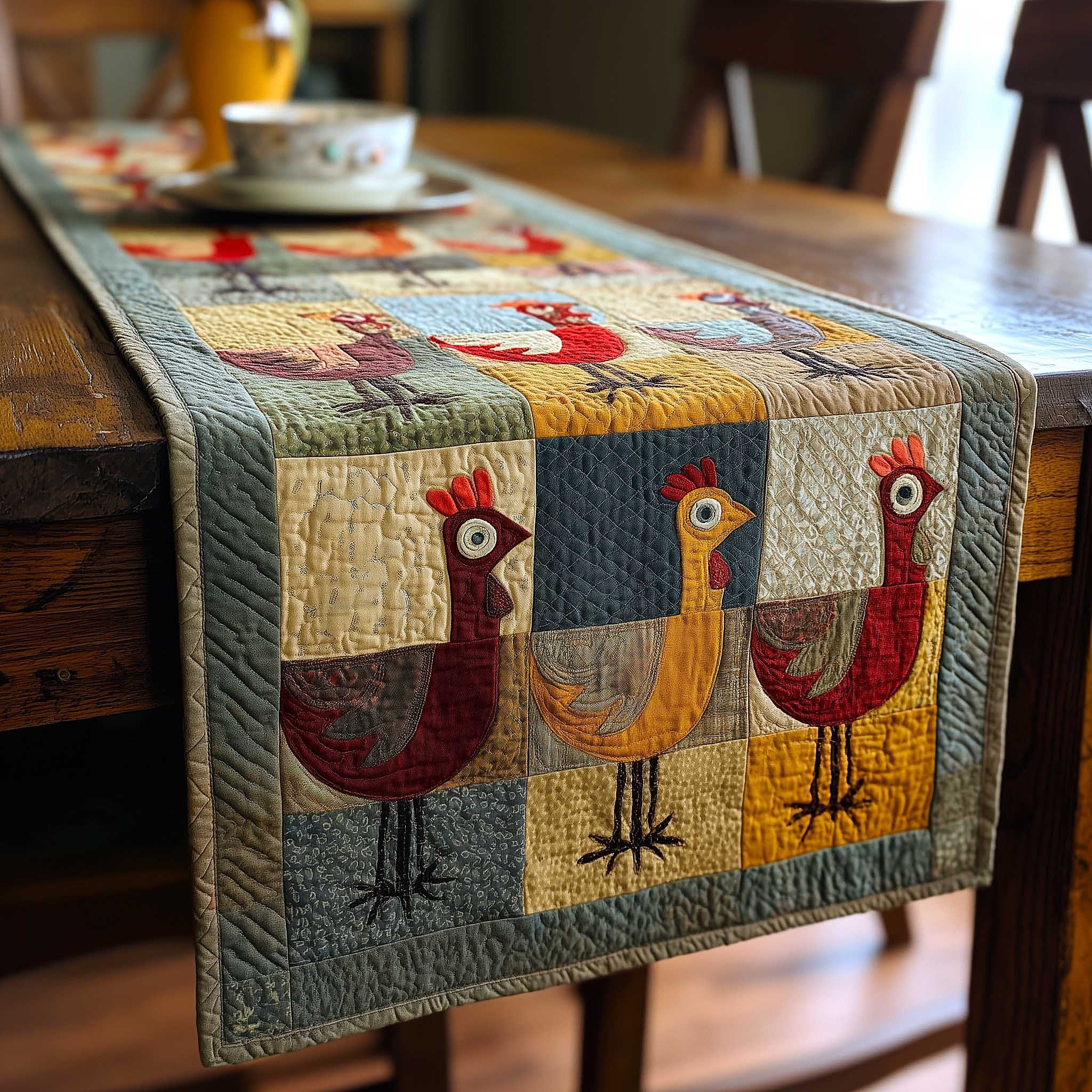 Simple Folk Chickens on Blue Table Runner