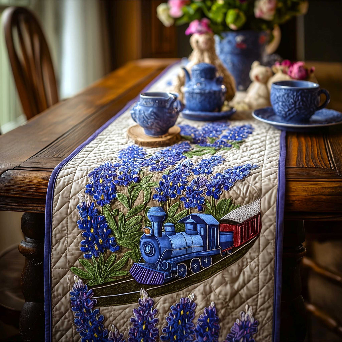 Blue Train Among Bluebonnets Table Runner