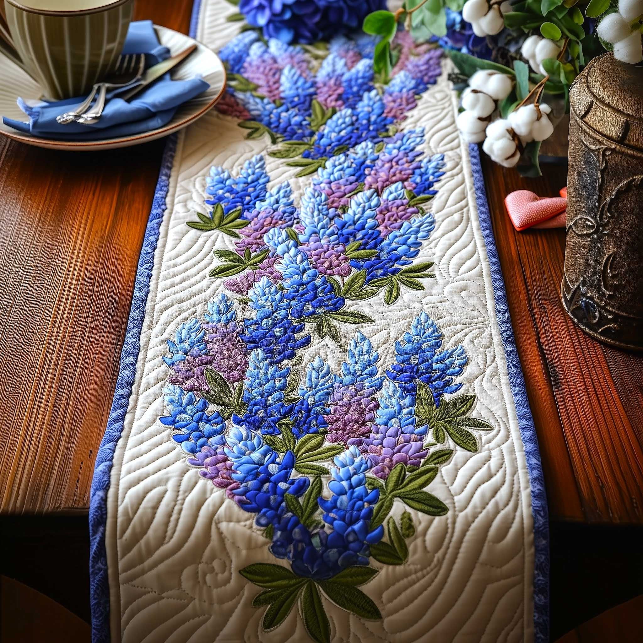 Bluebonnet Bouquet on Cream Table Runner