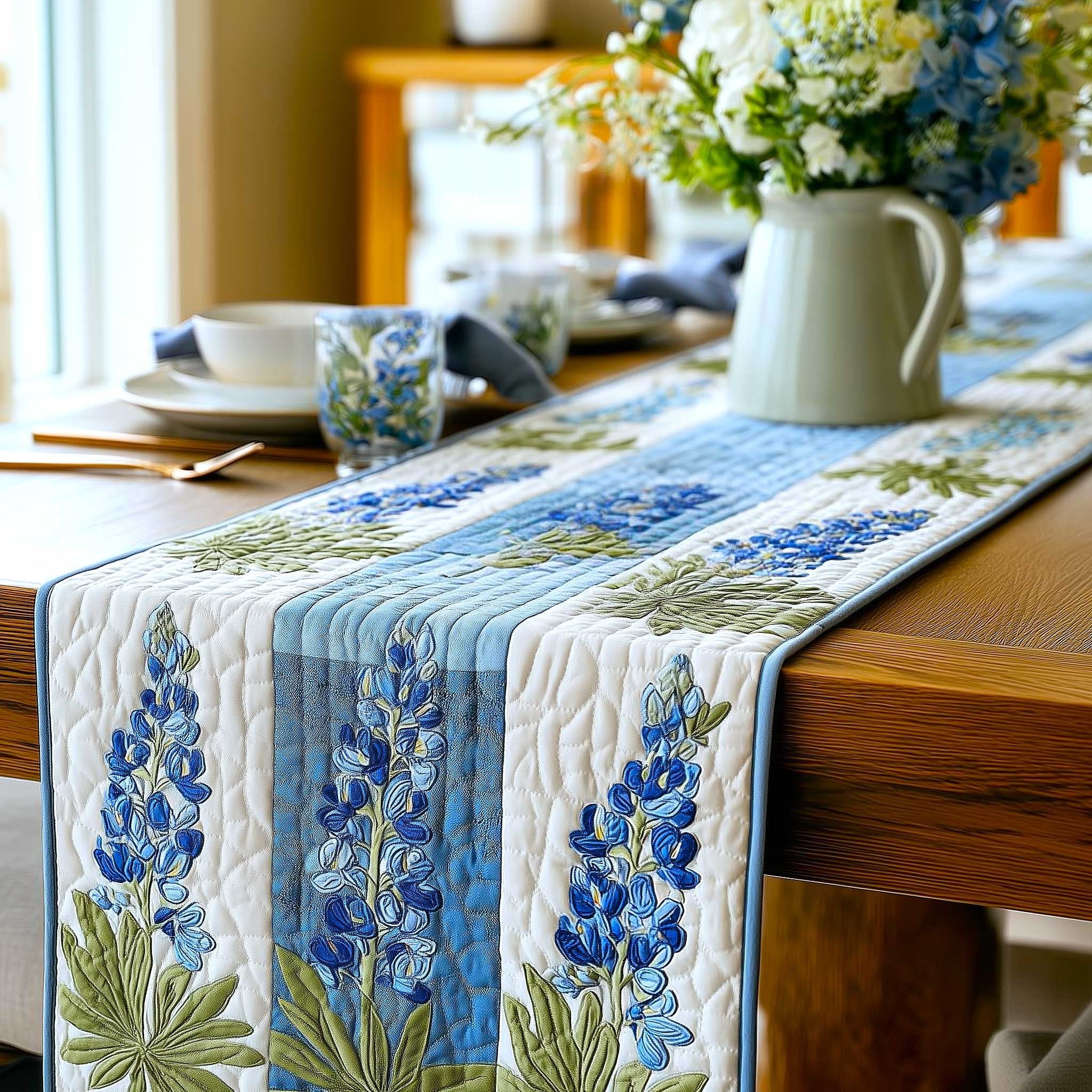 Bluebonnets on Blue and White Stripes Table Runner