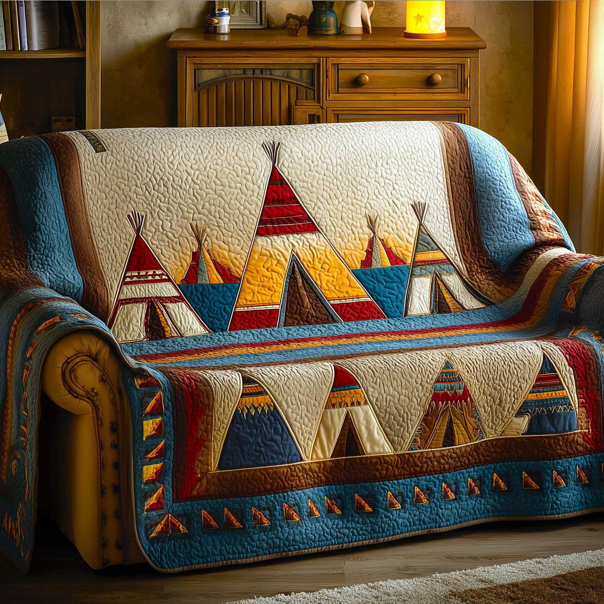 Teepees on Cream and Gold Bands Sofa Cover