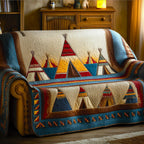 Teepees on Cream and Gold Bands Sofa Cover
