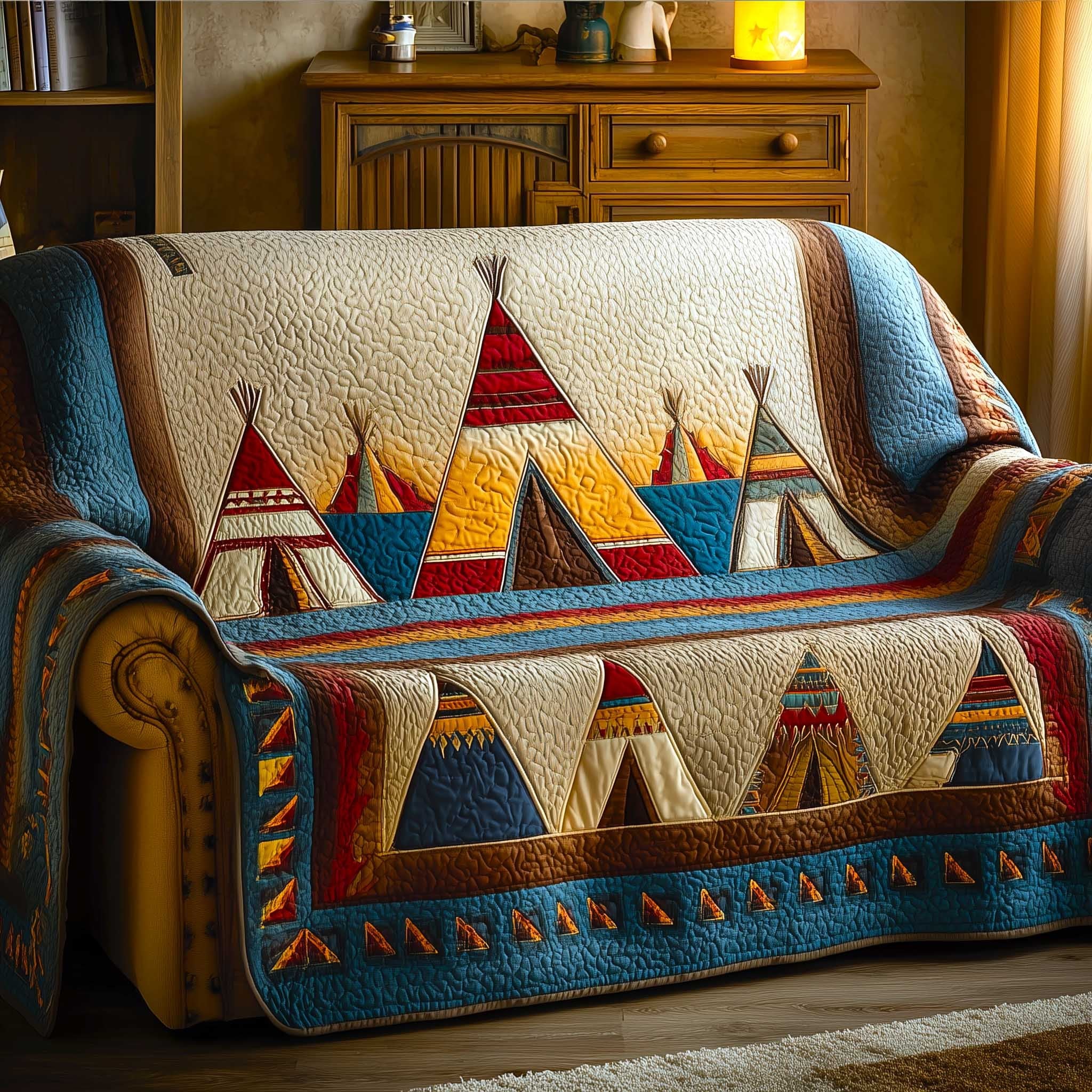Teepees on Cream and Gold Bands Sofa Cover