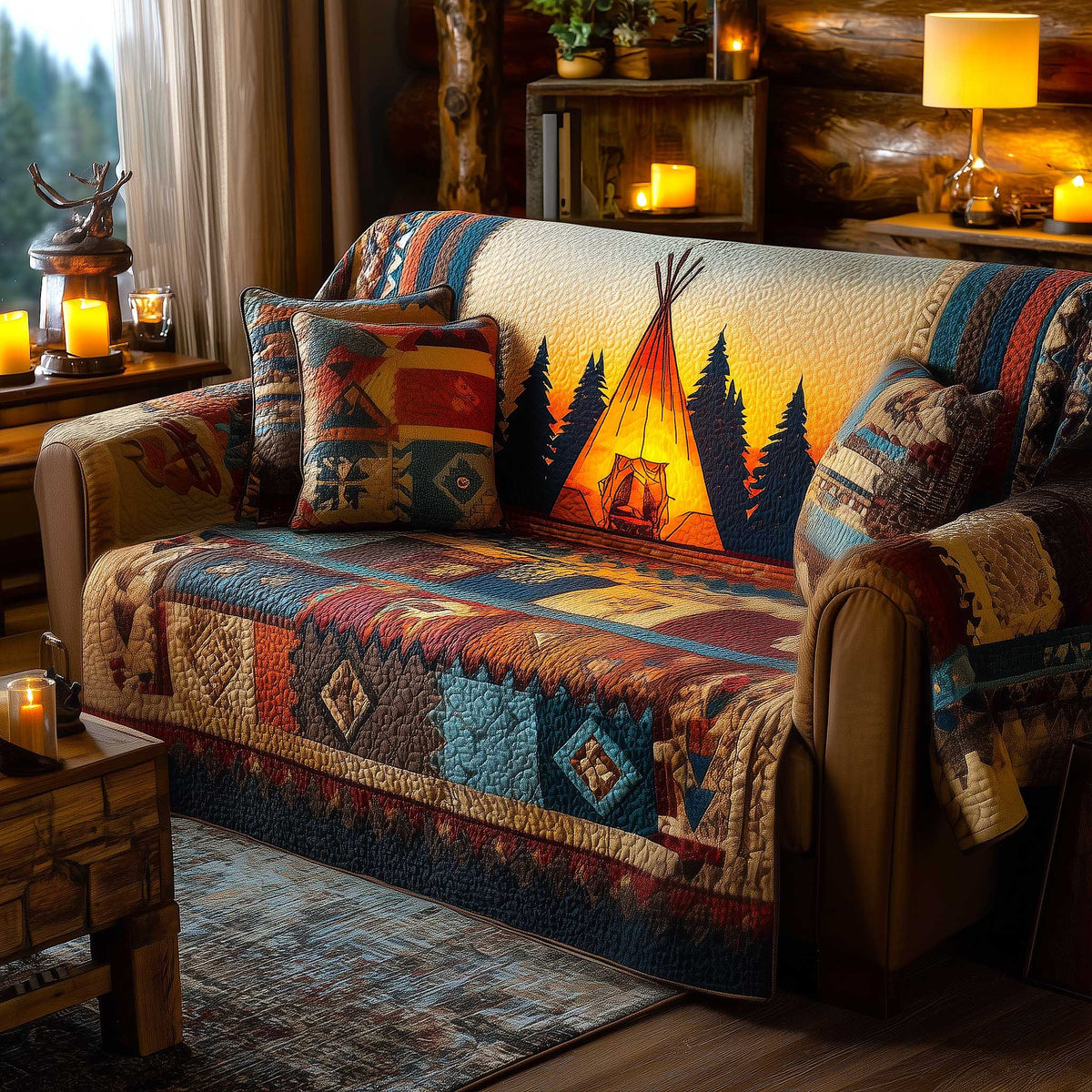 Glowing Teepee Among Night Pines Sofa Cover