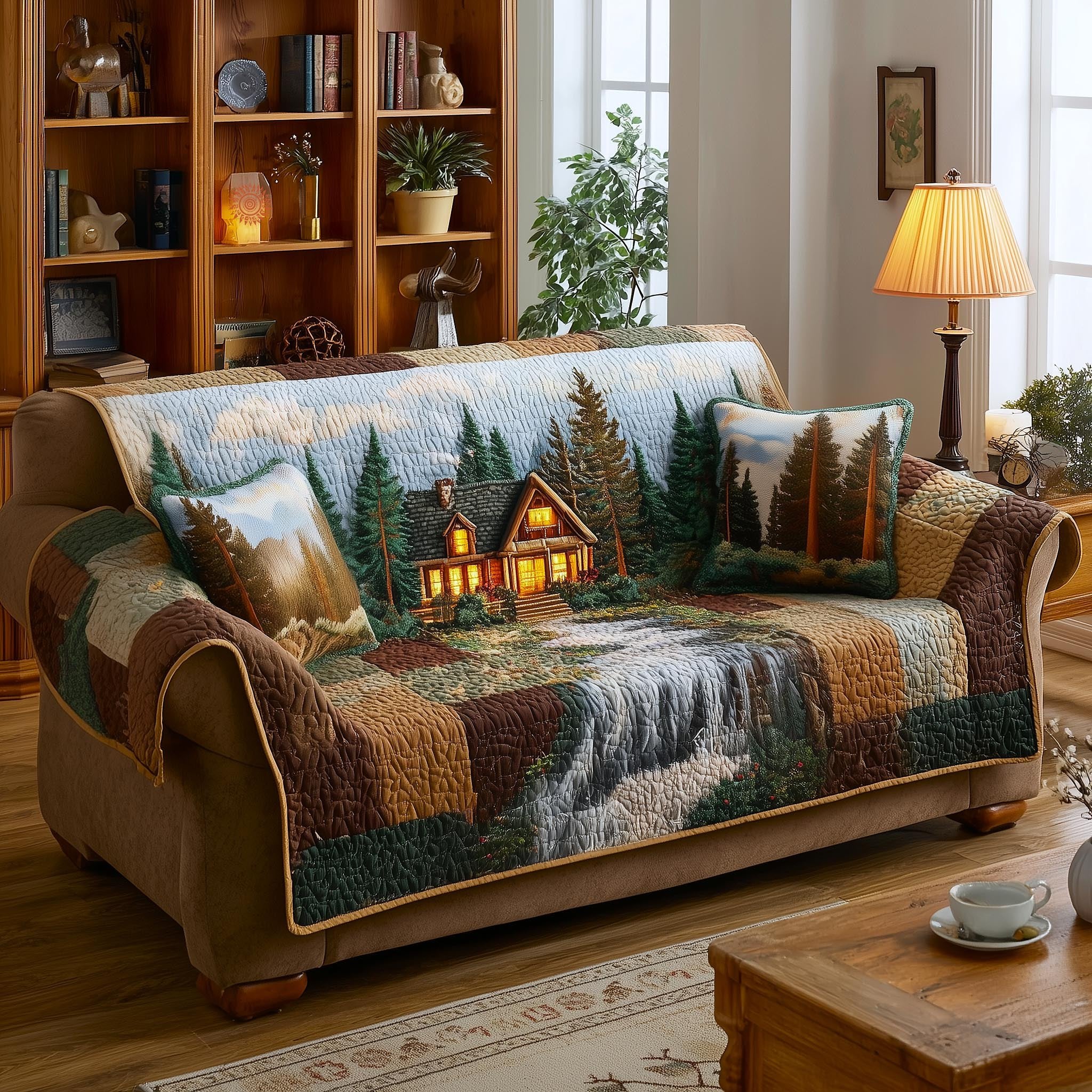 Glowing Log Cabin at Dusk Sofa Cover