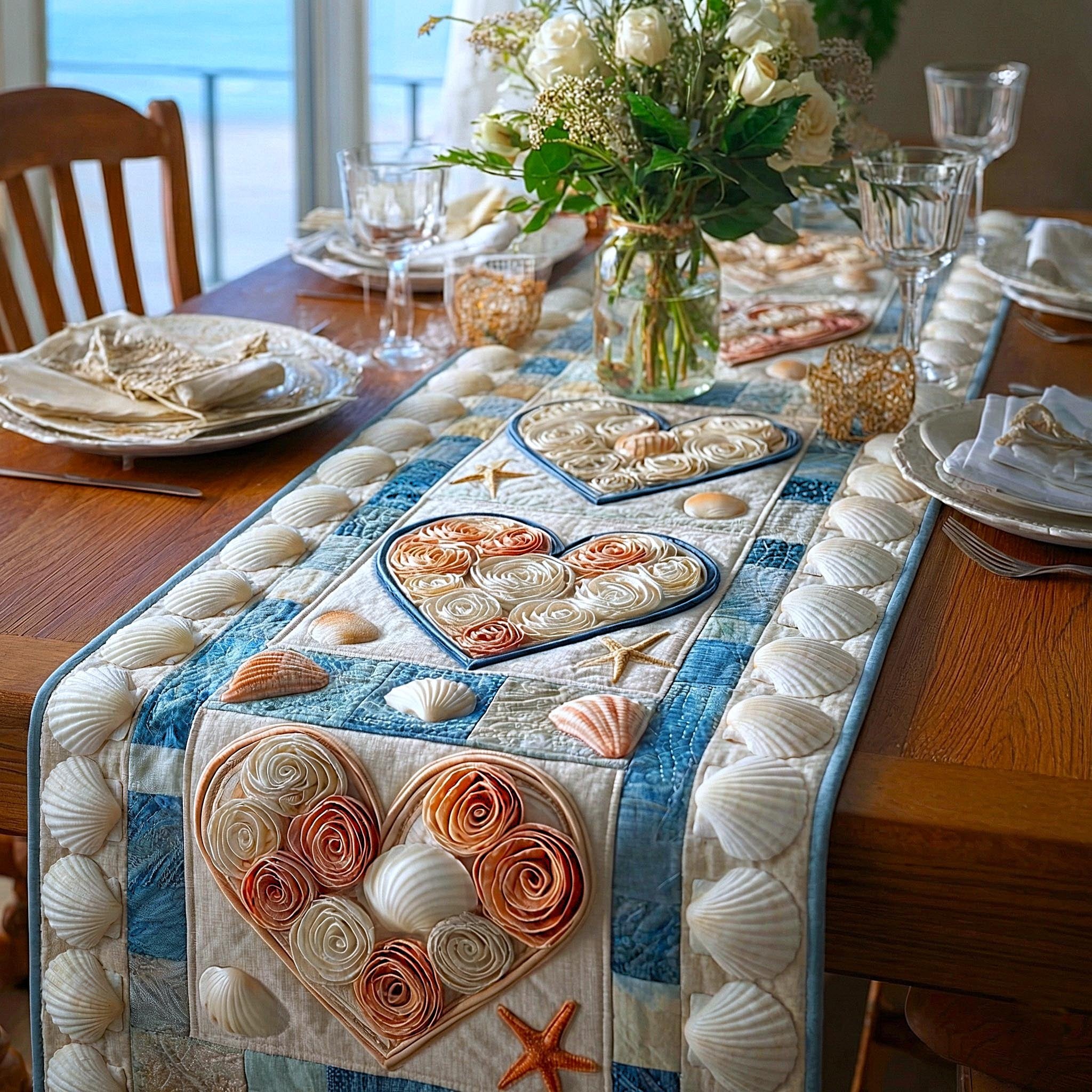 Shell Heart on Teal Panel Table Runner
