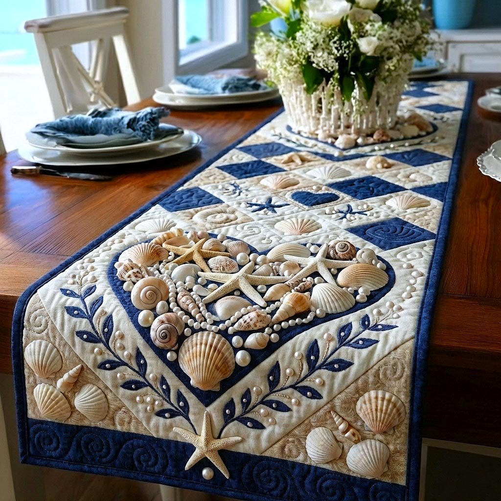 Seashell Heart with Blue Starfish Border Table Runner
