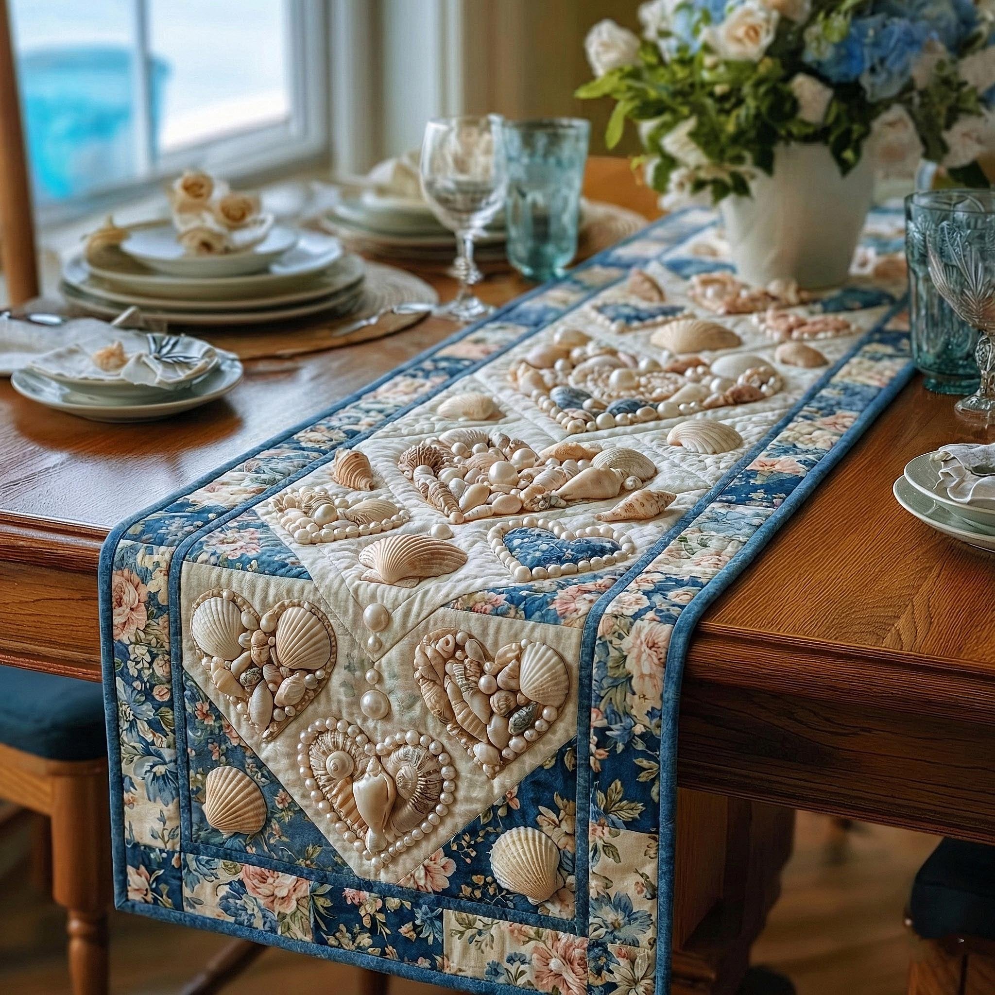 Shell Heart Blocks on Cream Table Runner