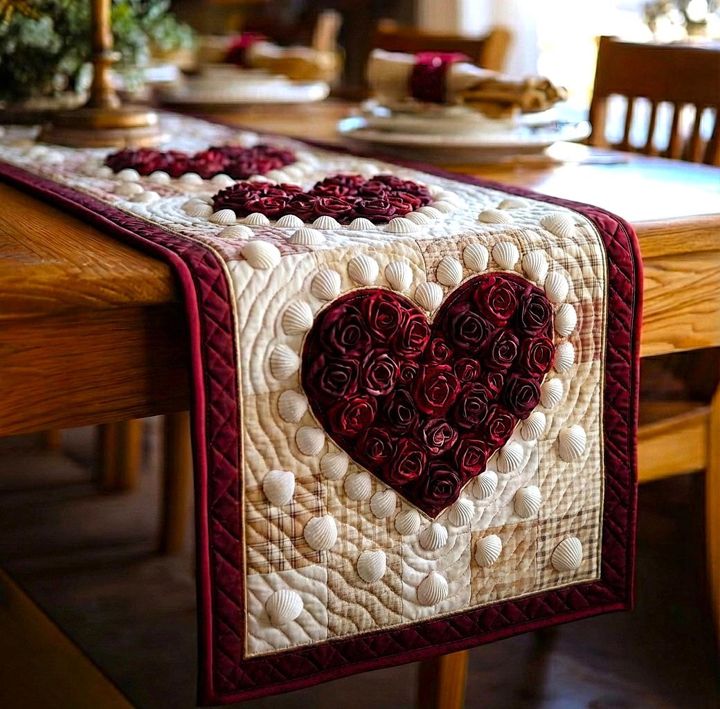 Dark Red Rose Heart on Cream Table Runner