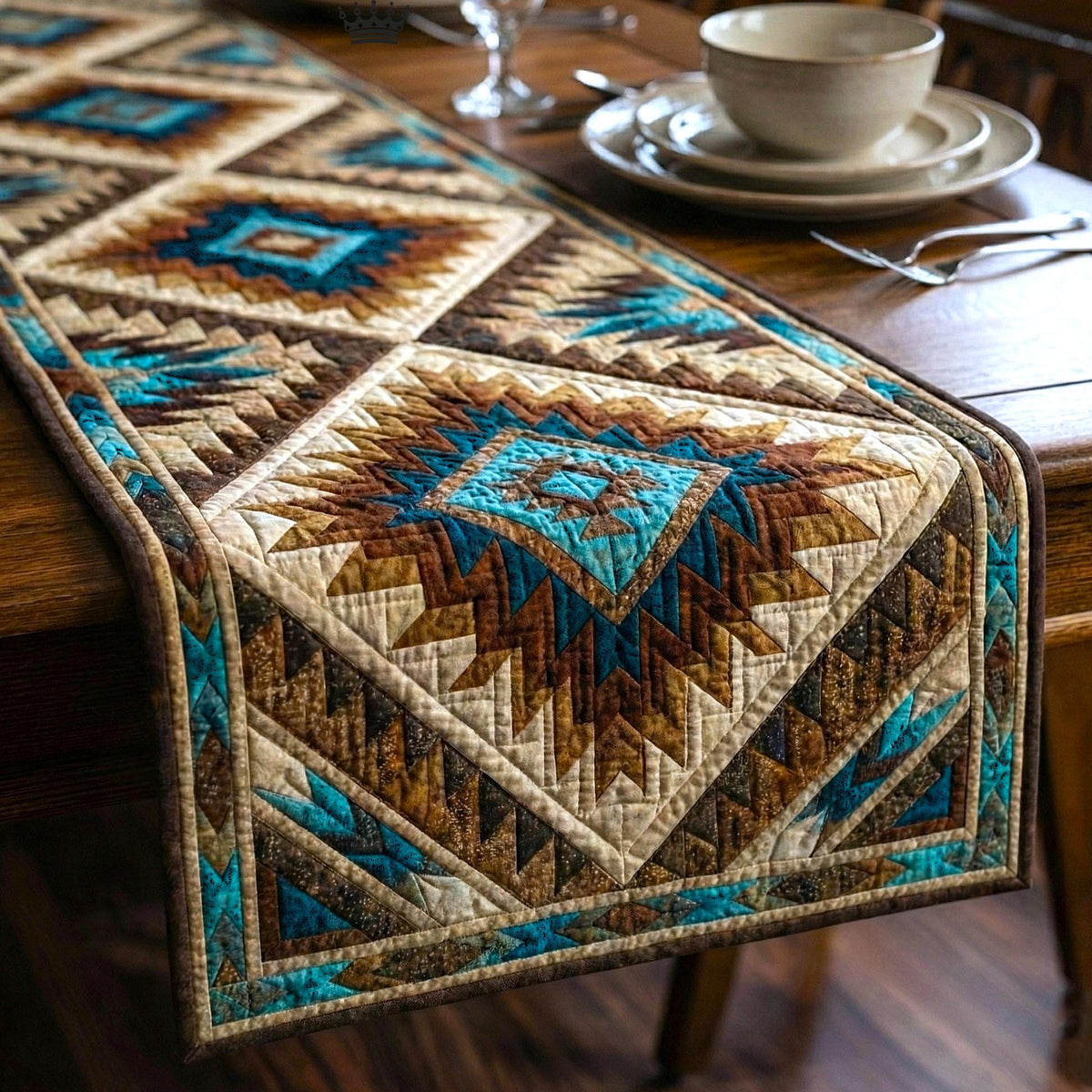 Southwest Pattern in Teal and Gold Table Runner