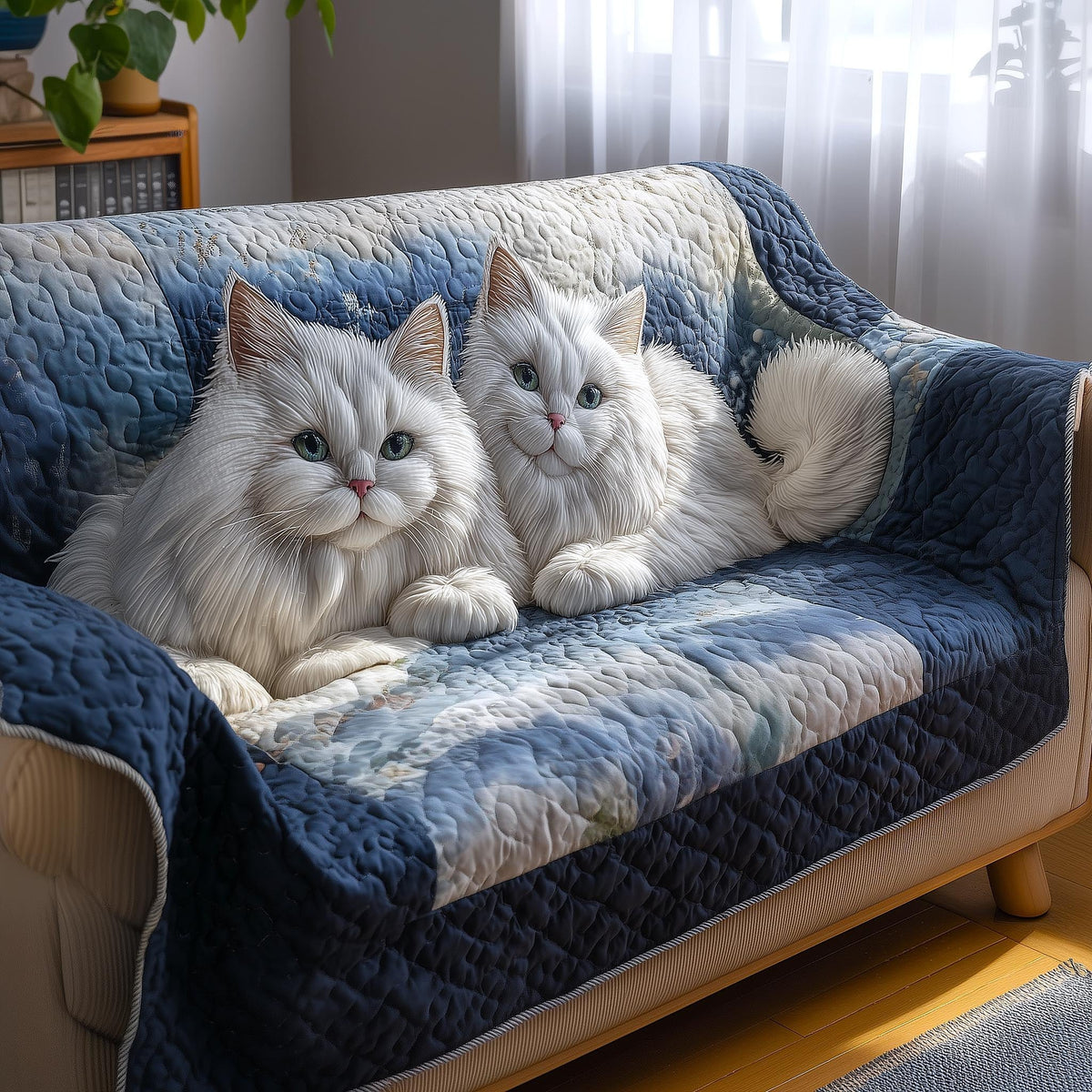 Two White Cats on the Blue Quilt Sofa Cover