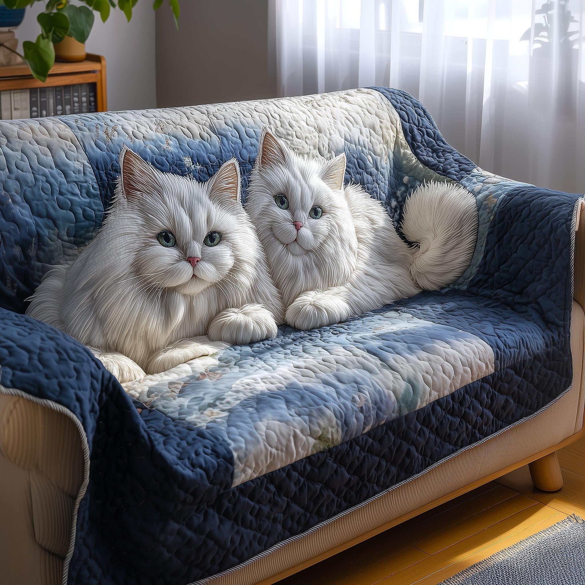 Two White Cats on the Blue Quilt Sofa Cover