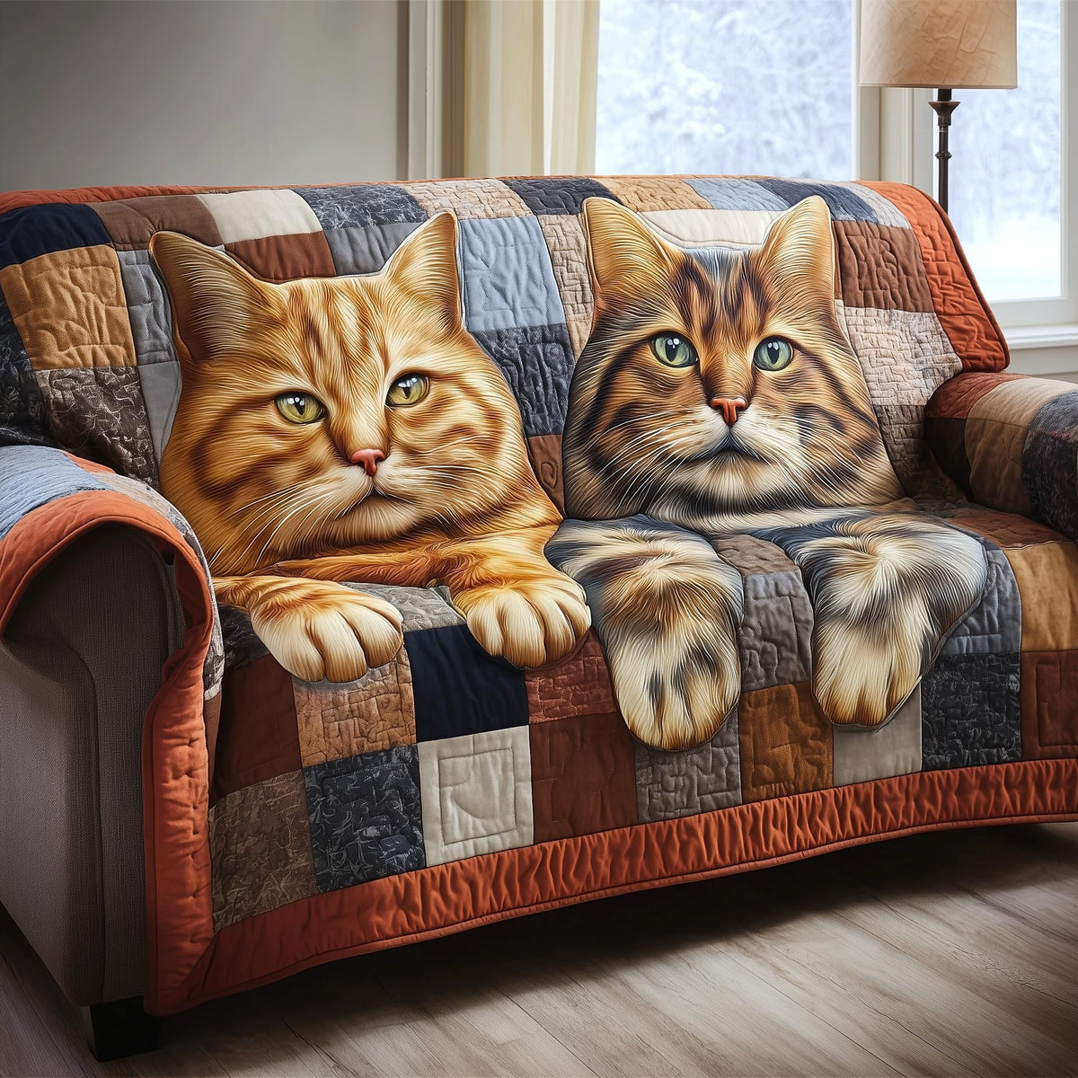 Orange Tabby Pair on Rust Patchwork Sofa Cover