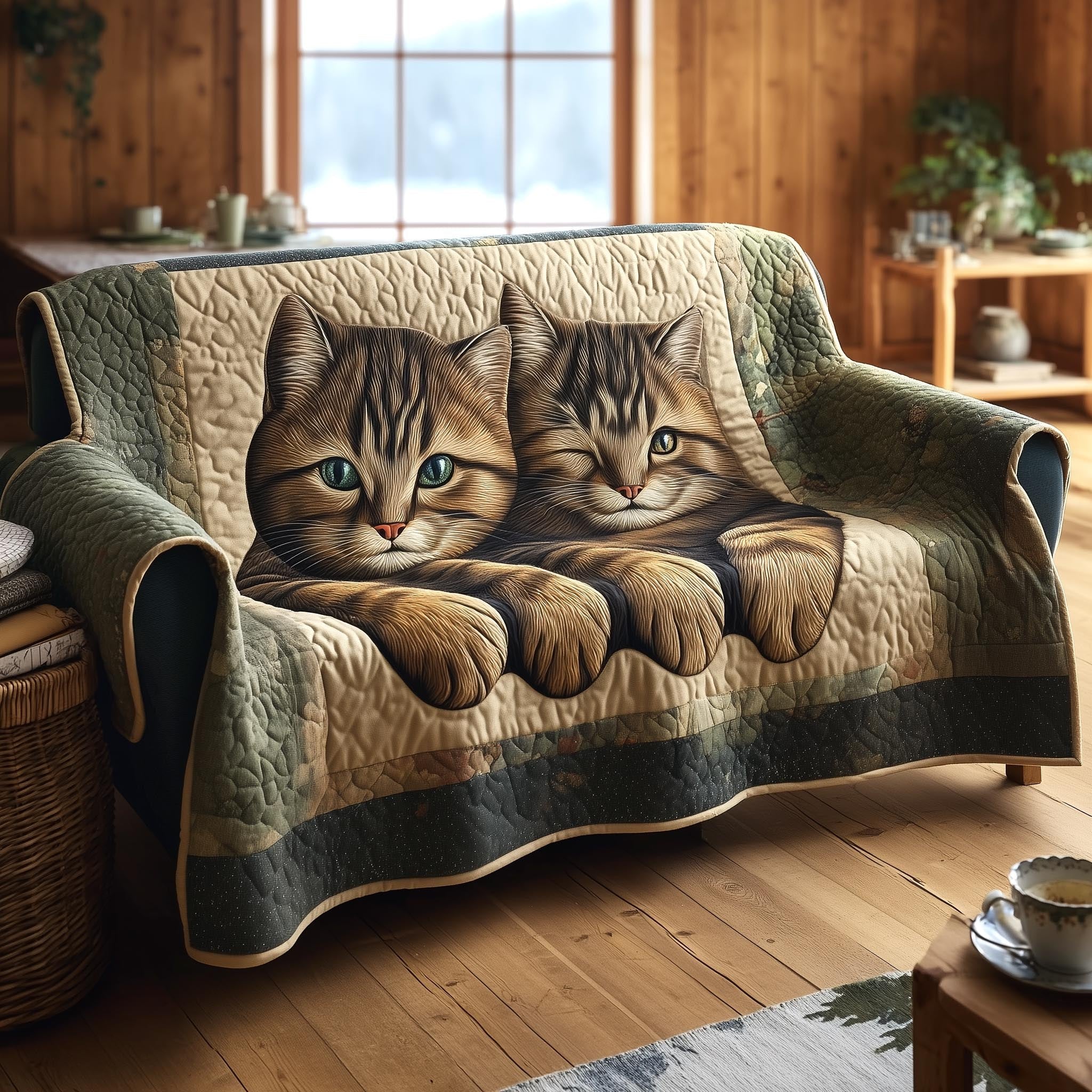 Grey Tabby Kittens on Cream Sofa Cover