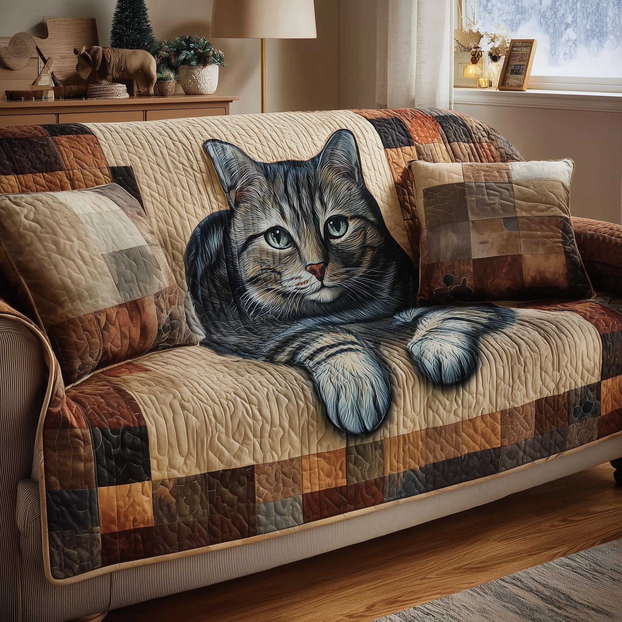 Grey Cat Resting on Warm Squares Sofa Cover