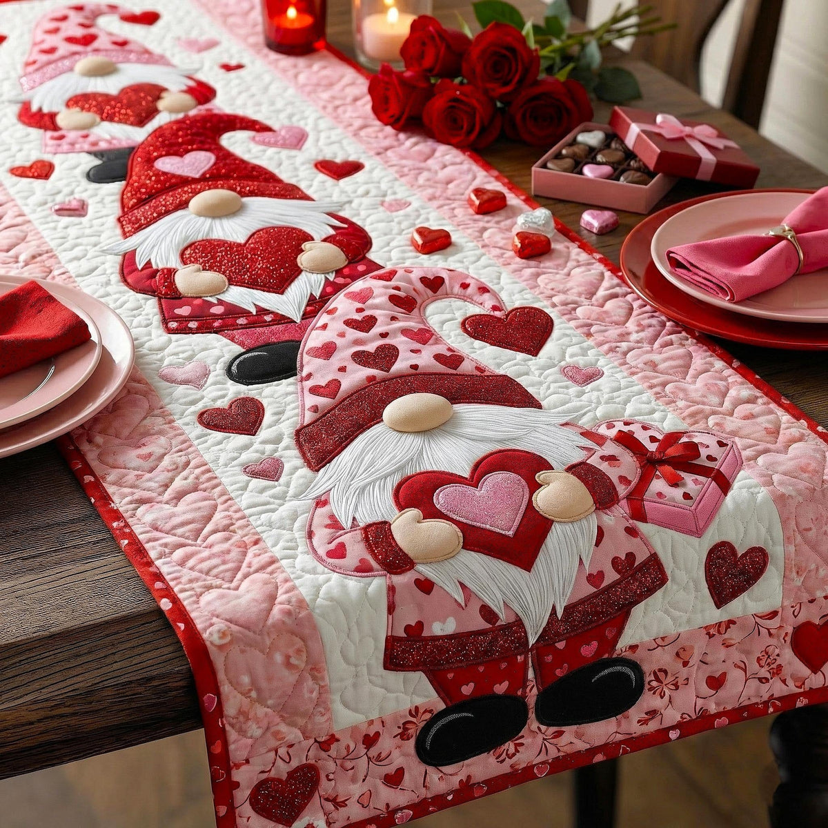 Gnomes with Hearts on Pink Table Runner