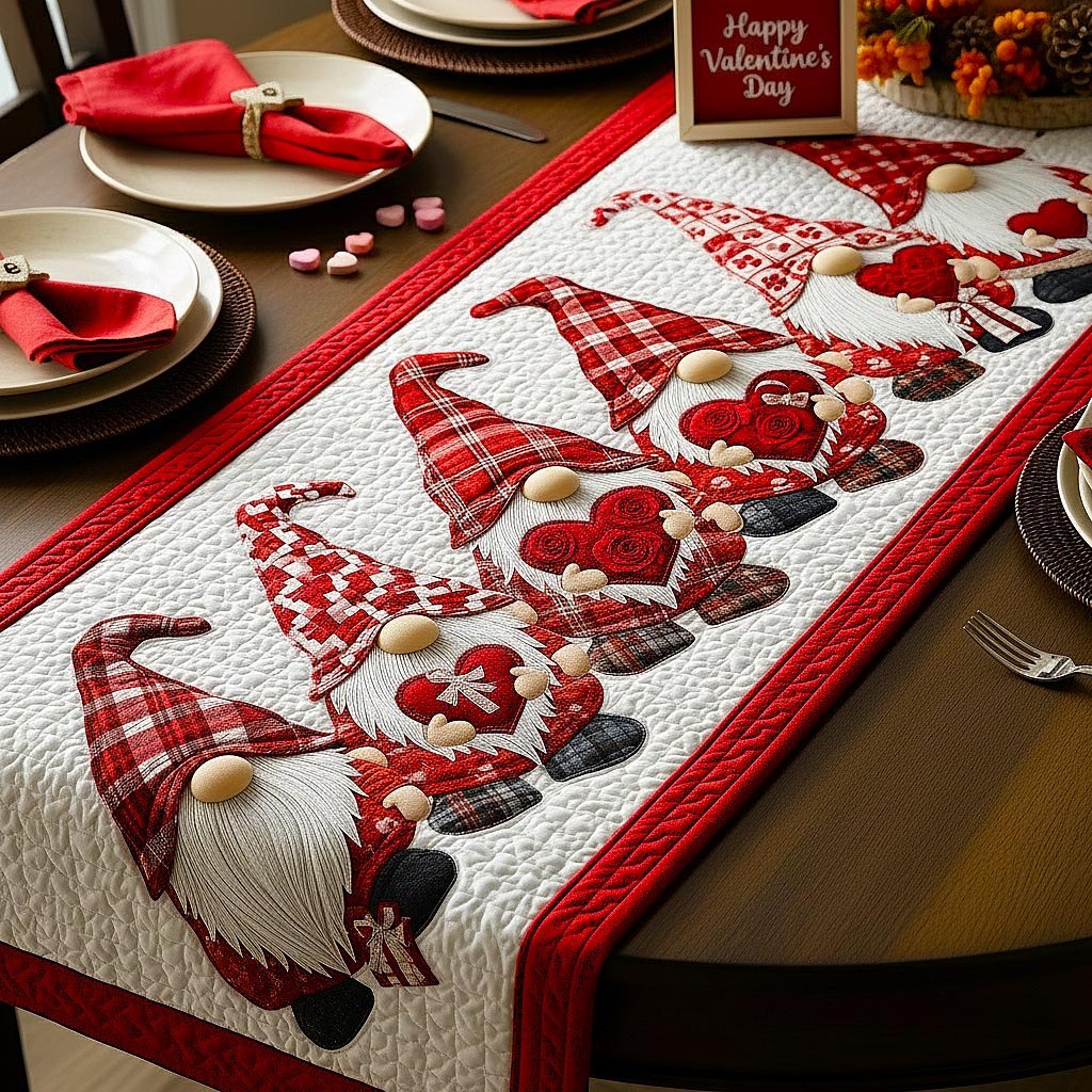 Gnome with Hearts on Red Table Runner