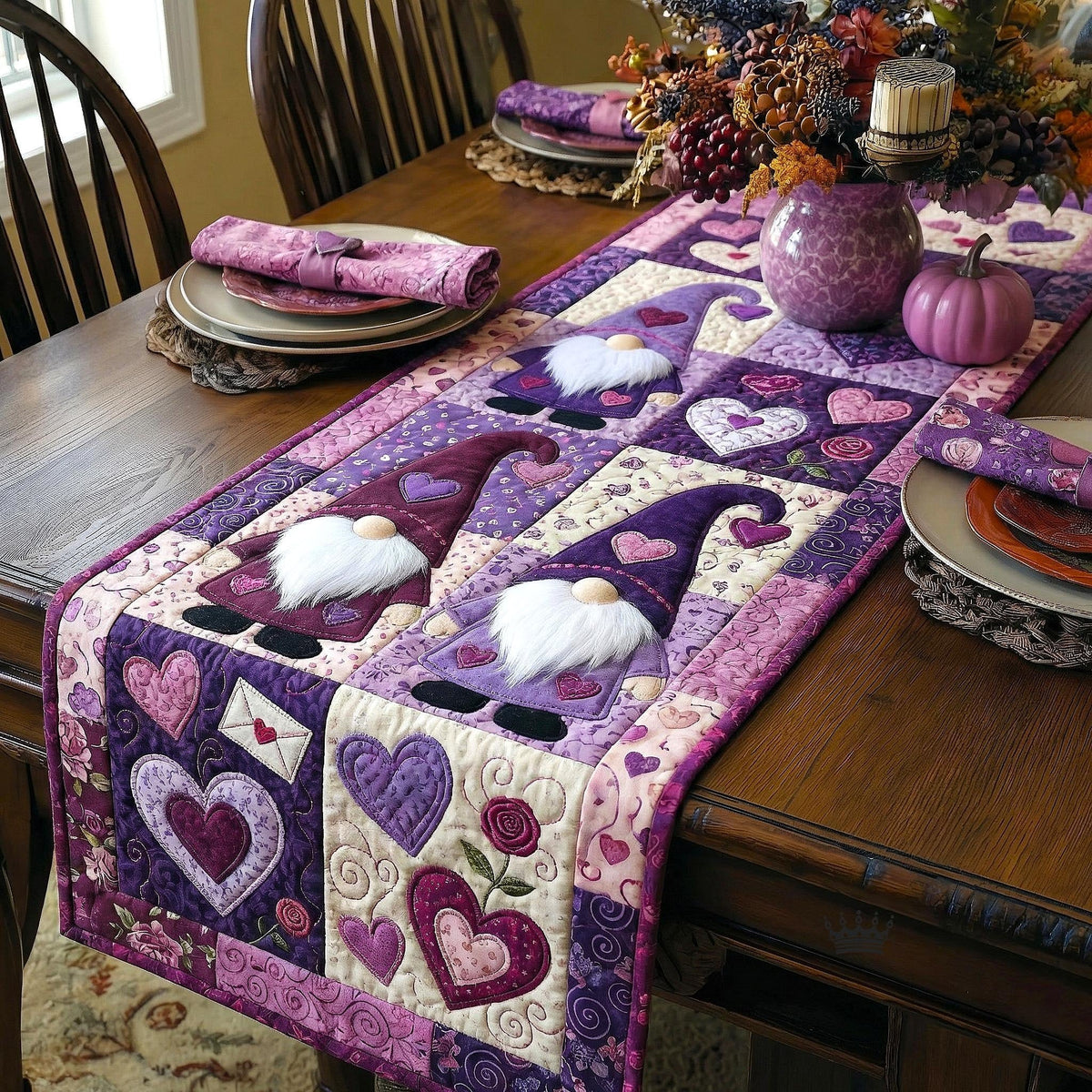 Gnomes on Purple with Hearts Table Runner