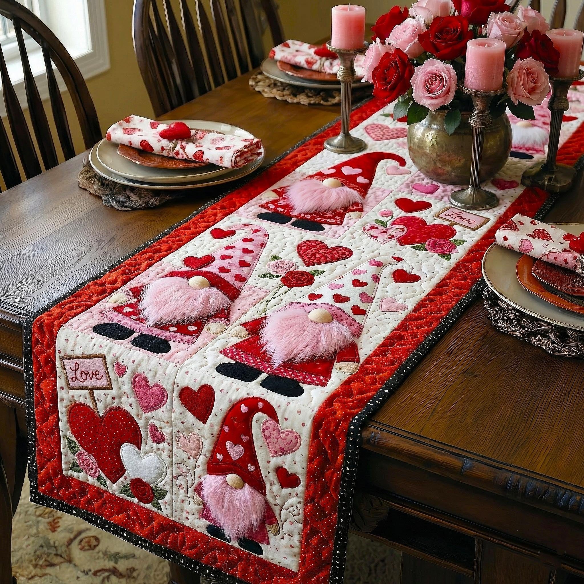 Gnomes with Hearts on White Table Runner