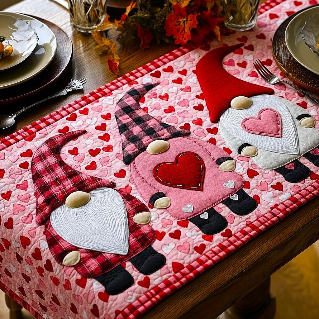 Gnome with Heart on Pink Plaid Table Runner