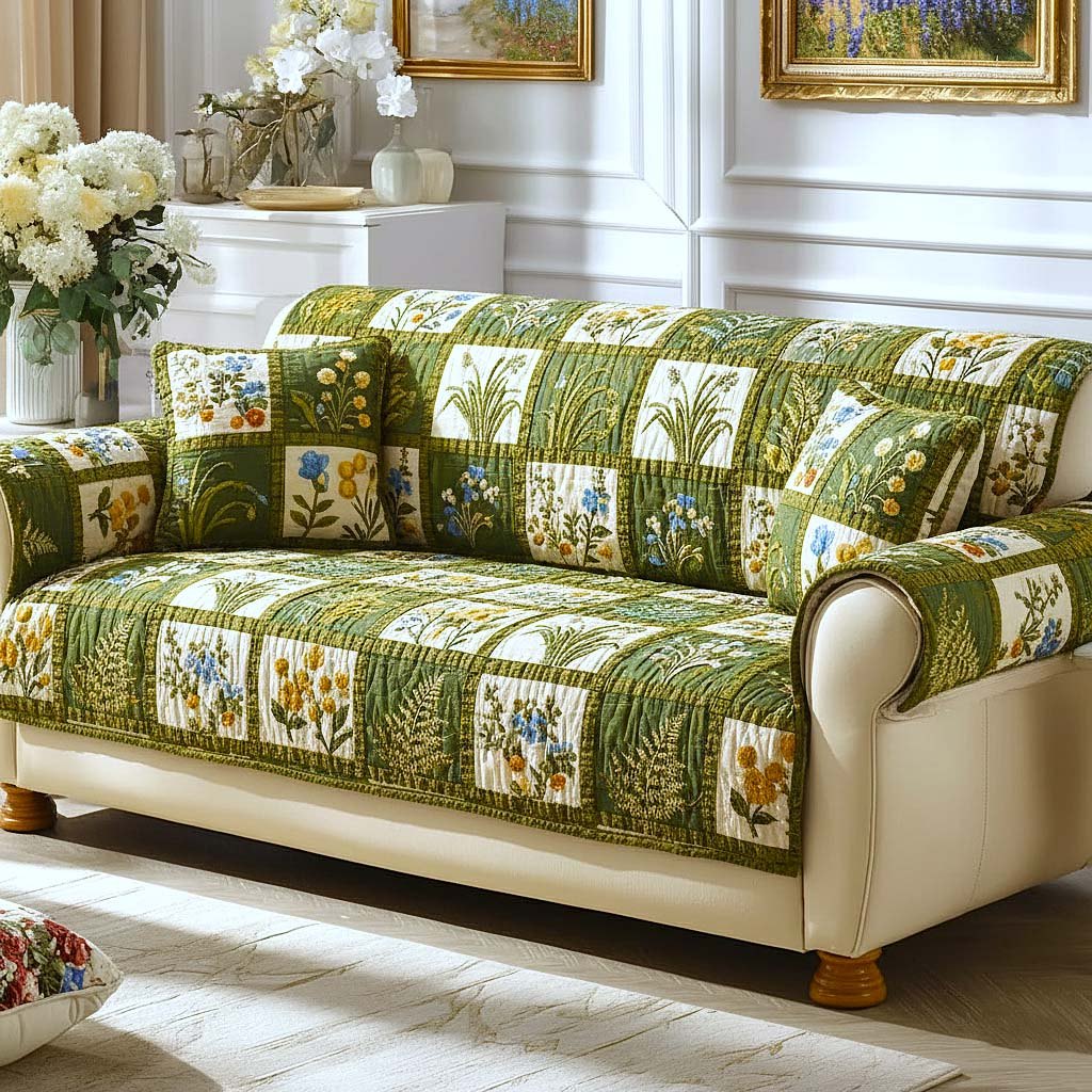 Botanical Blocks in Spring Green Sofa Cover