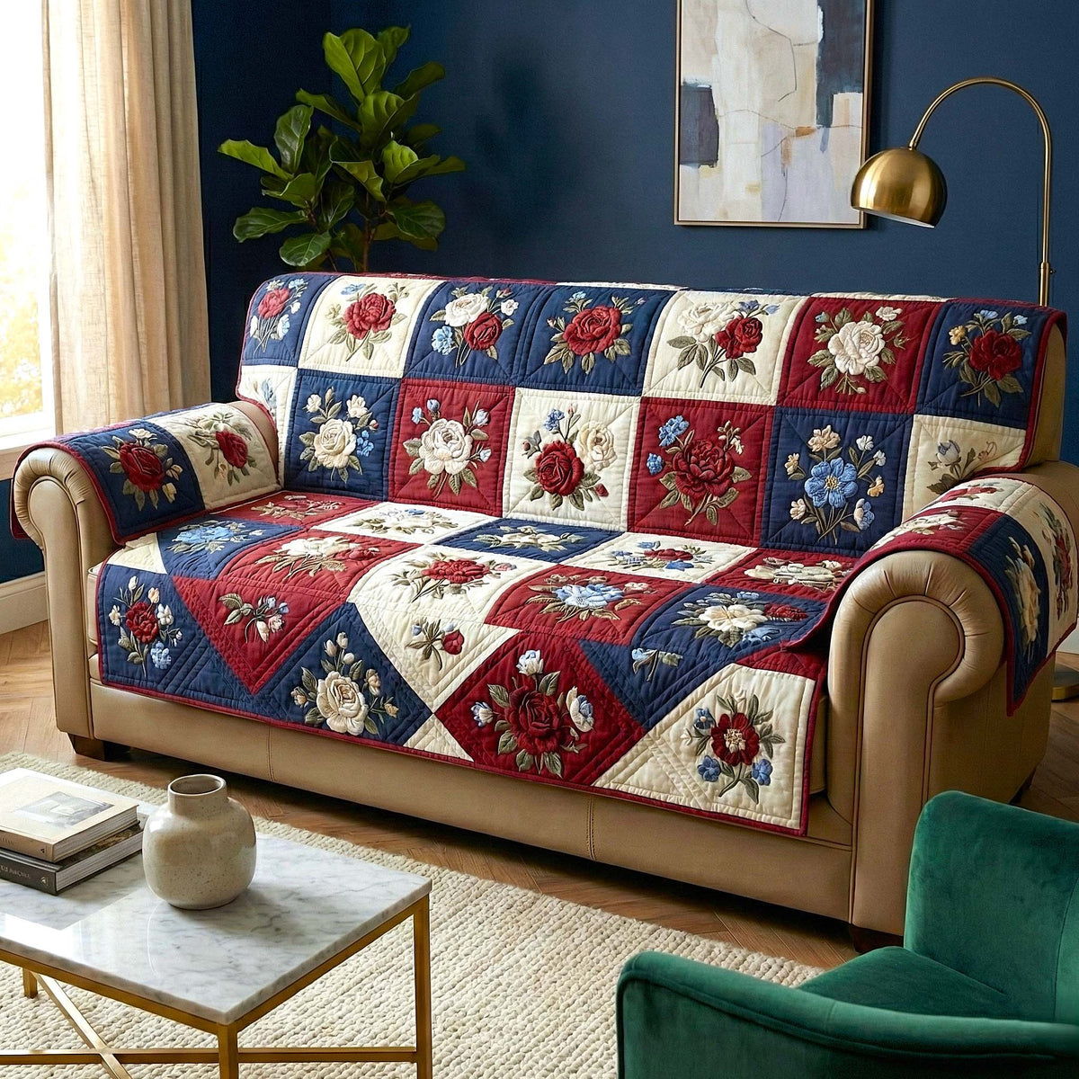 Folk Flowers in Red White and Blue Sofa Cover