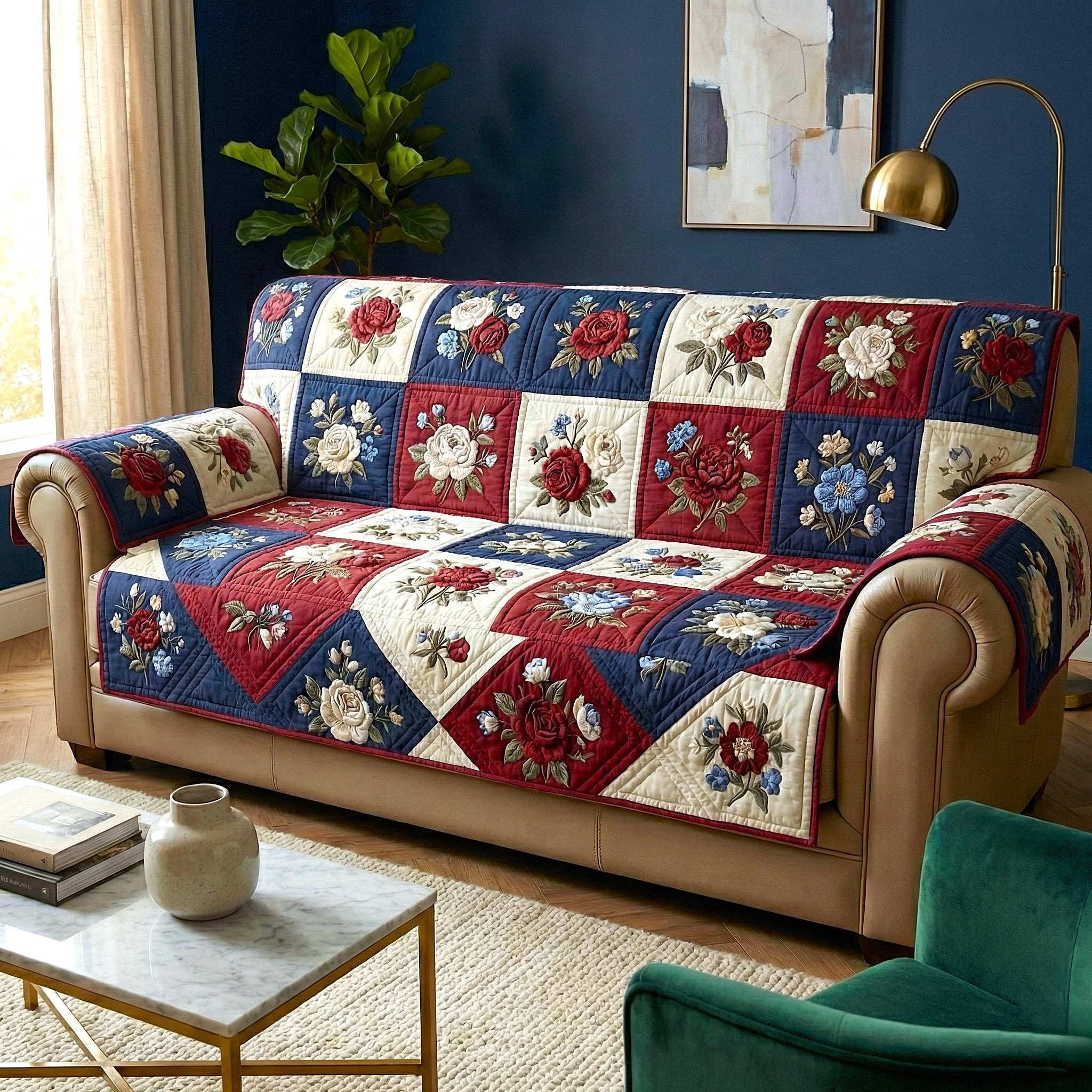 Folk Flowers in Red White and Blue Sofa Cover