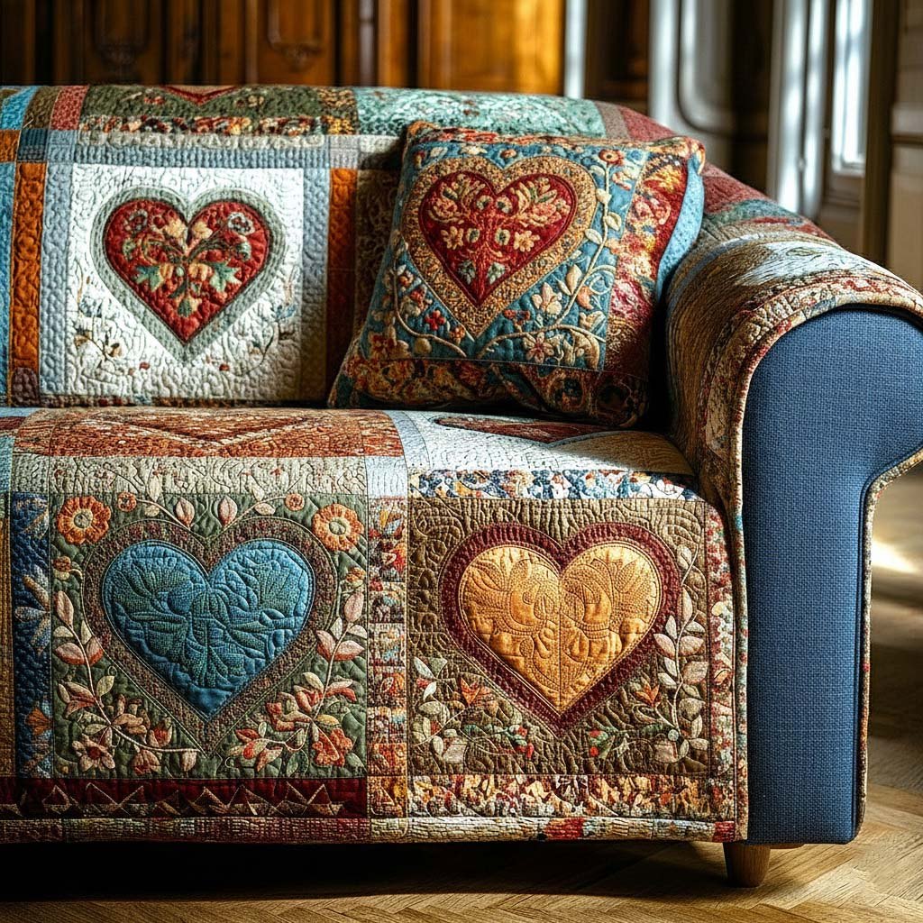 Teal and Cream Folk Hearts Sofa Cover