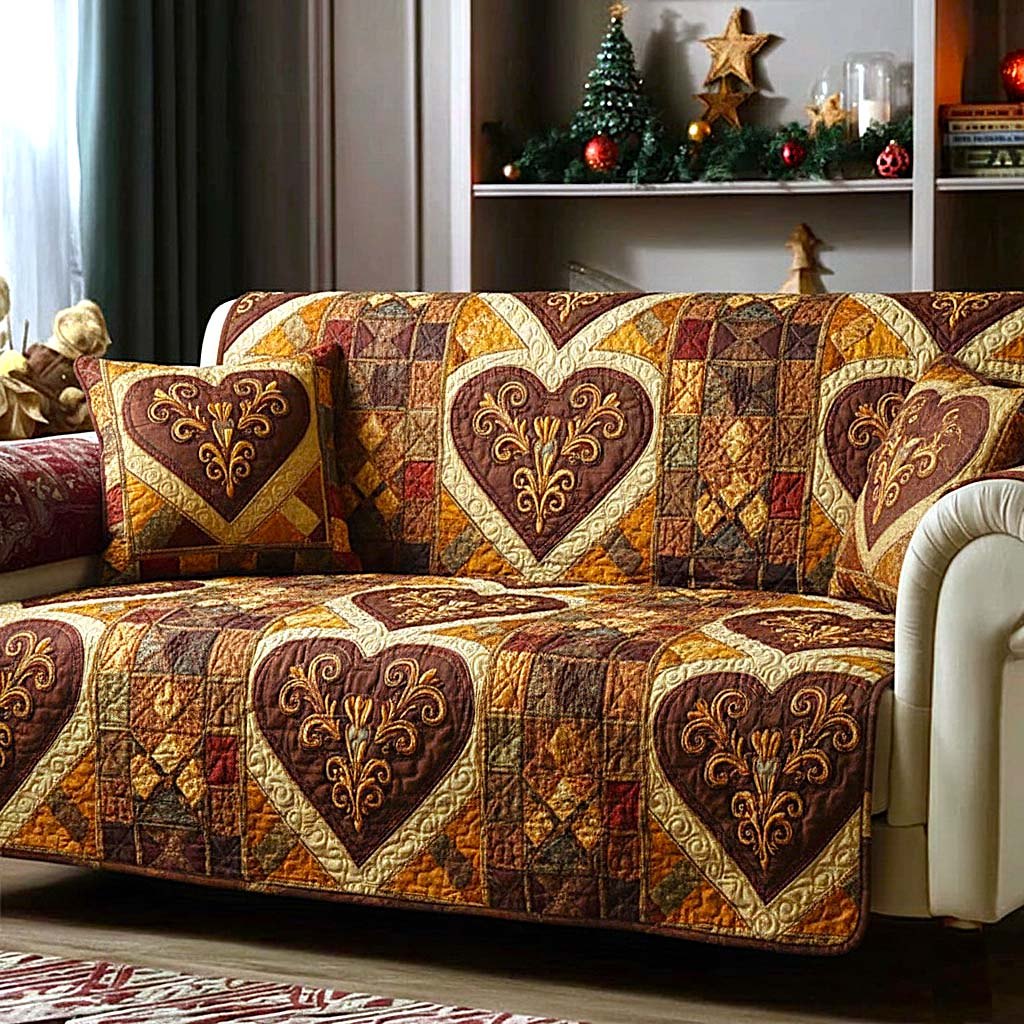 Golden Brown Hearts in Ornate Frames Sofa Cover