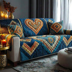 Blue and Amber Heart on Aztec Weave Sofa Cover