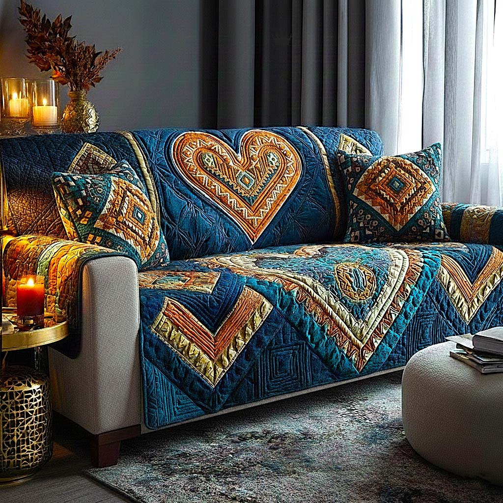 Blue and Amber Heart on Aztec Weave Sofa Cover