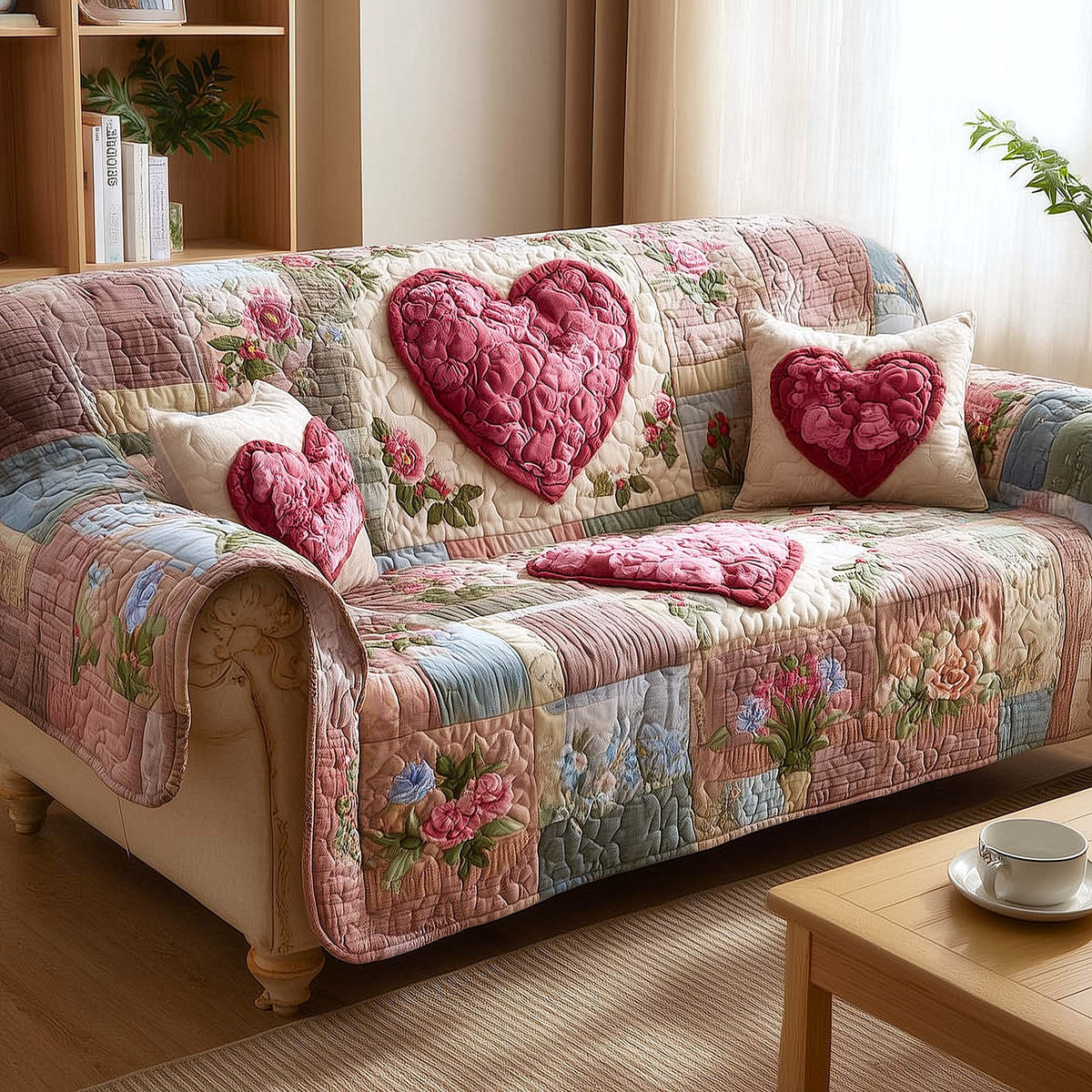 Pink Hearts on the Rose Garden Quilt Sofa Cover