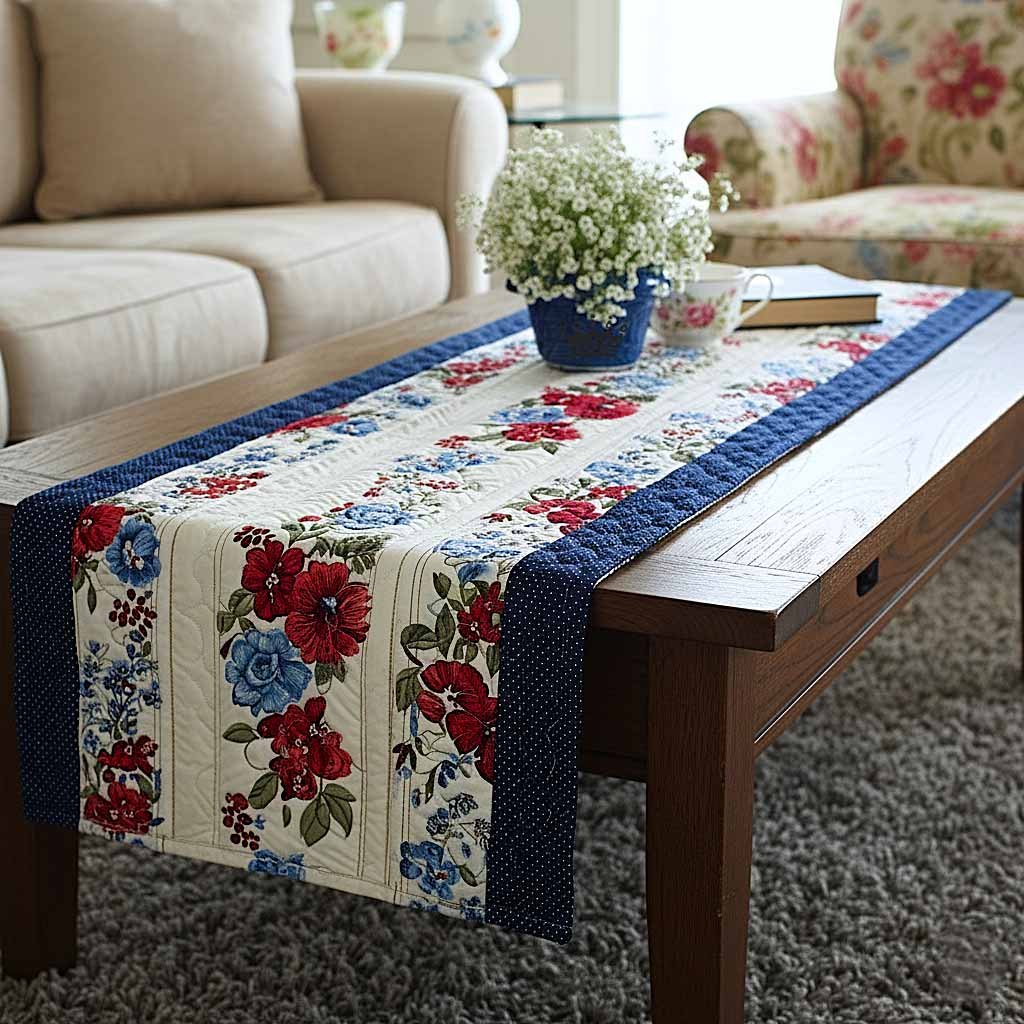 Red Roses on Cream and Navy Stripes Table Runner