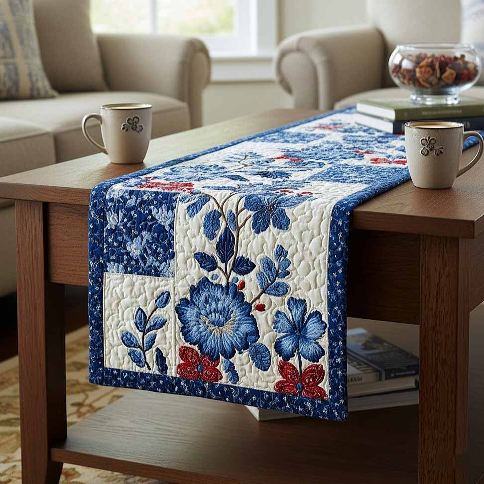 Blue and Red Blooms on White Table Runner