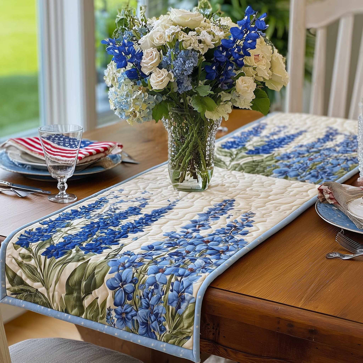 Bluebonnets on Blue Stripe Table Runner