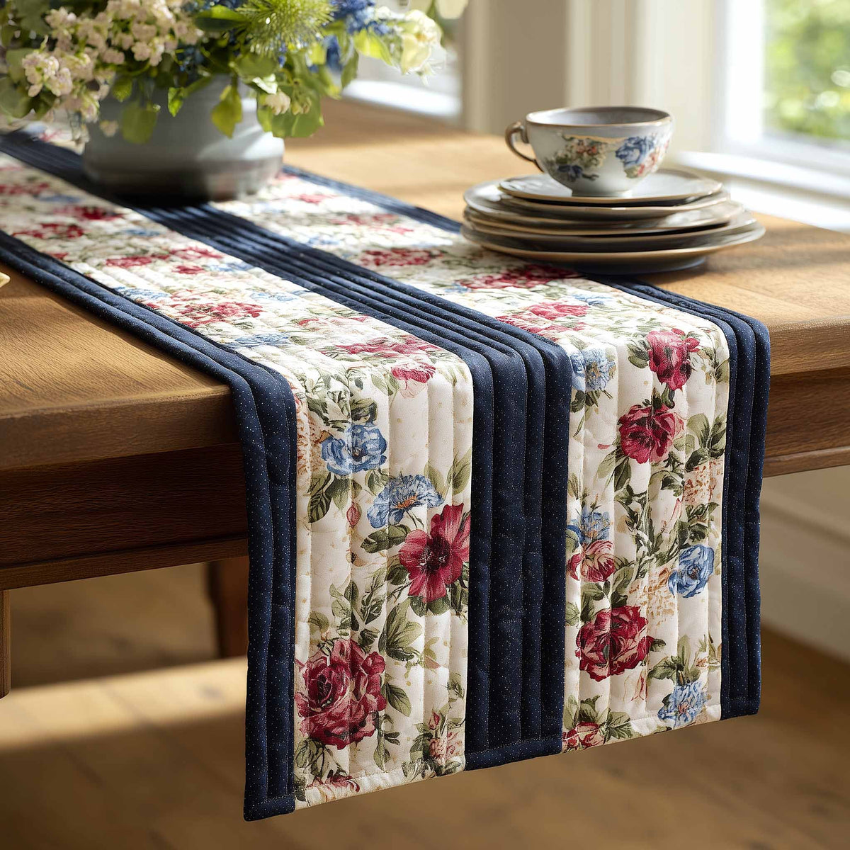 Roses and Wildflowers with Navy Stripe Table Runner