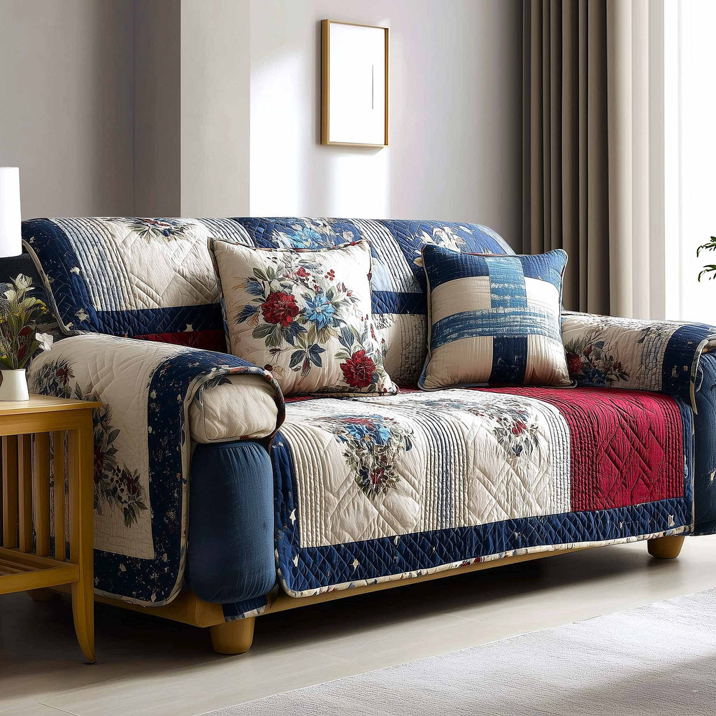 Cream and Blue Floral Quilt Blocks Sofa Cover