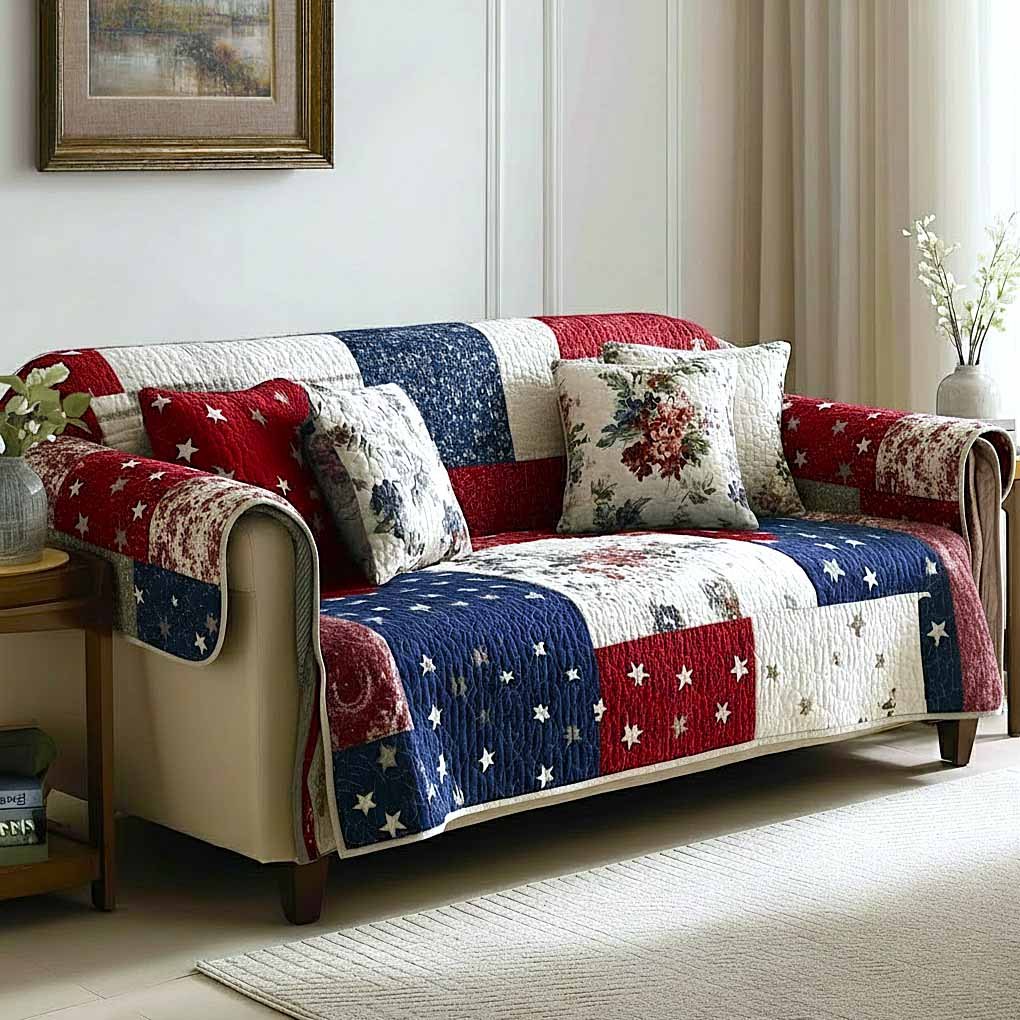 Stars and Roses in Red White Blue Sofa Cover
