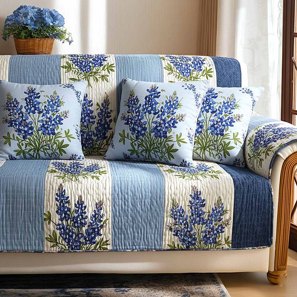 Bluebonnets on Cream Stripes Sofa Cover