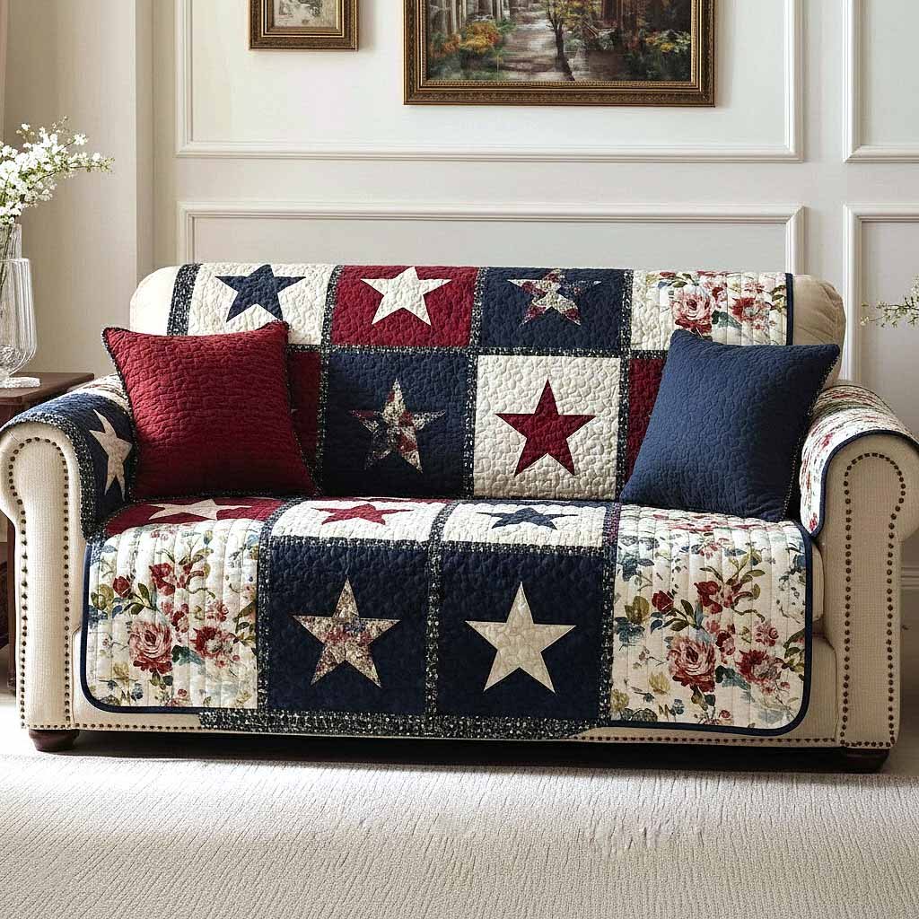 Cream Stars on Navy and Red Sofa Cover