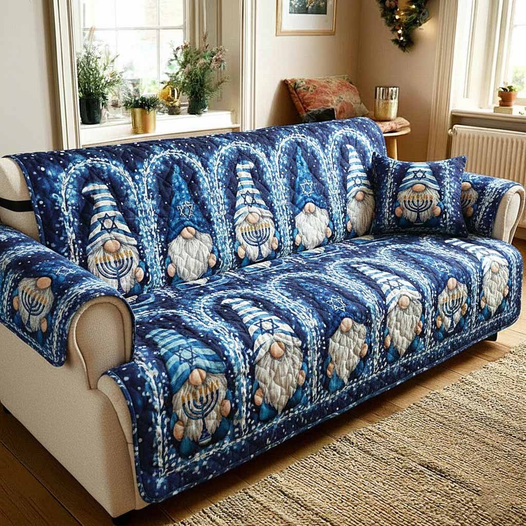 Rows of Blue Winter Gnomes Sofa Cover