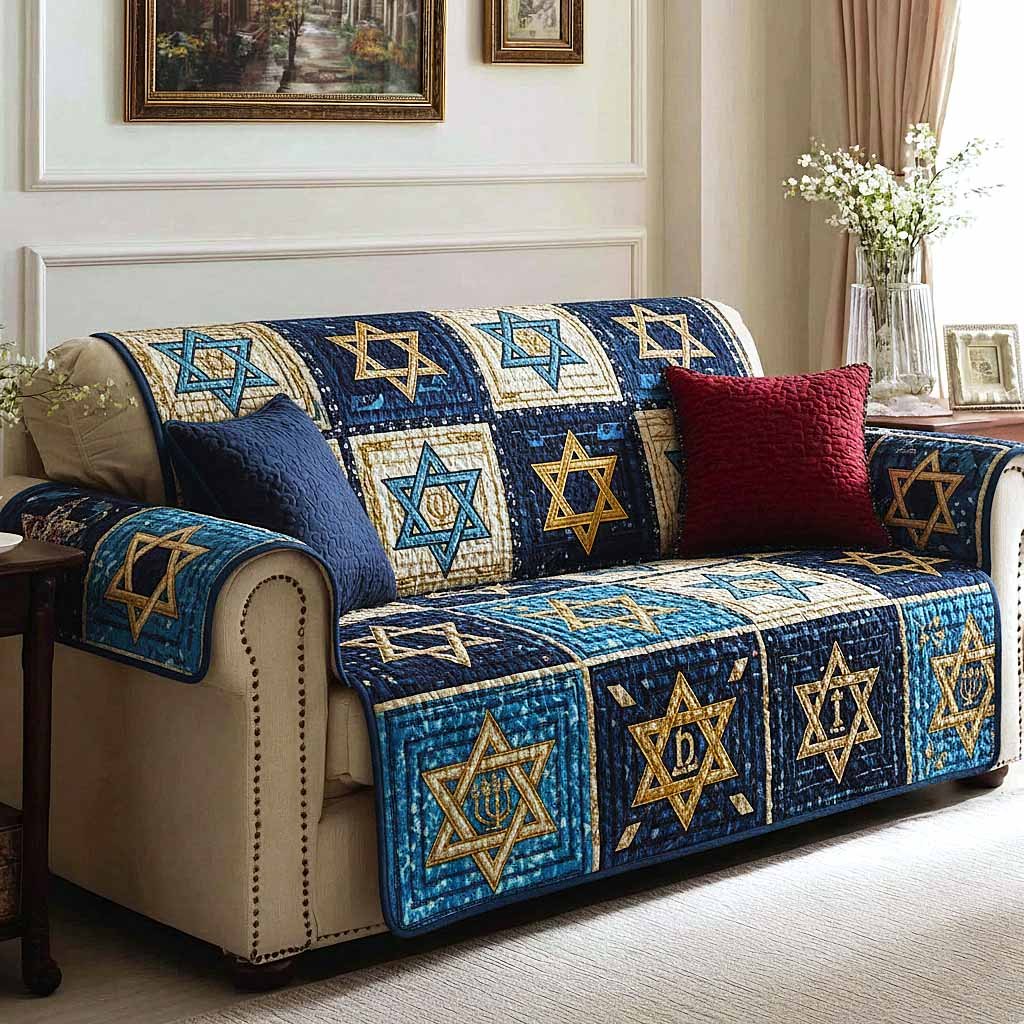 Six Point Stars on Blue and Gold Blocks Sofa Cover