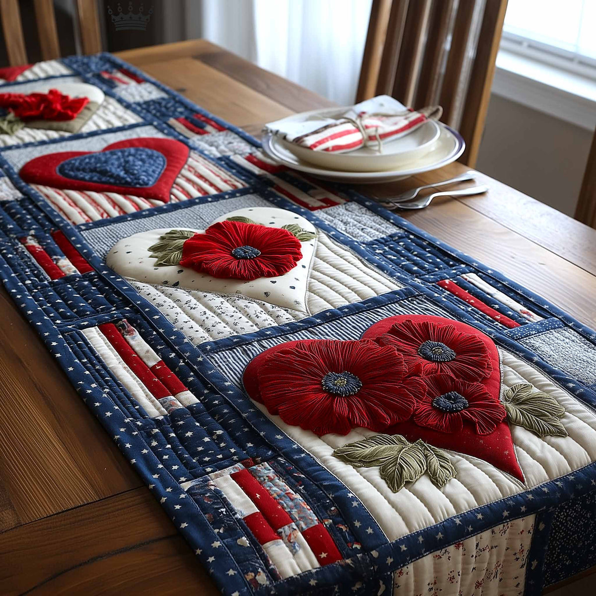 Red Poppies on Flag Panel Table Runner