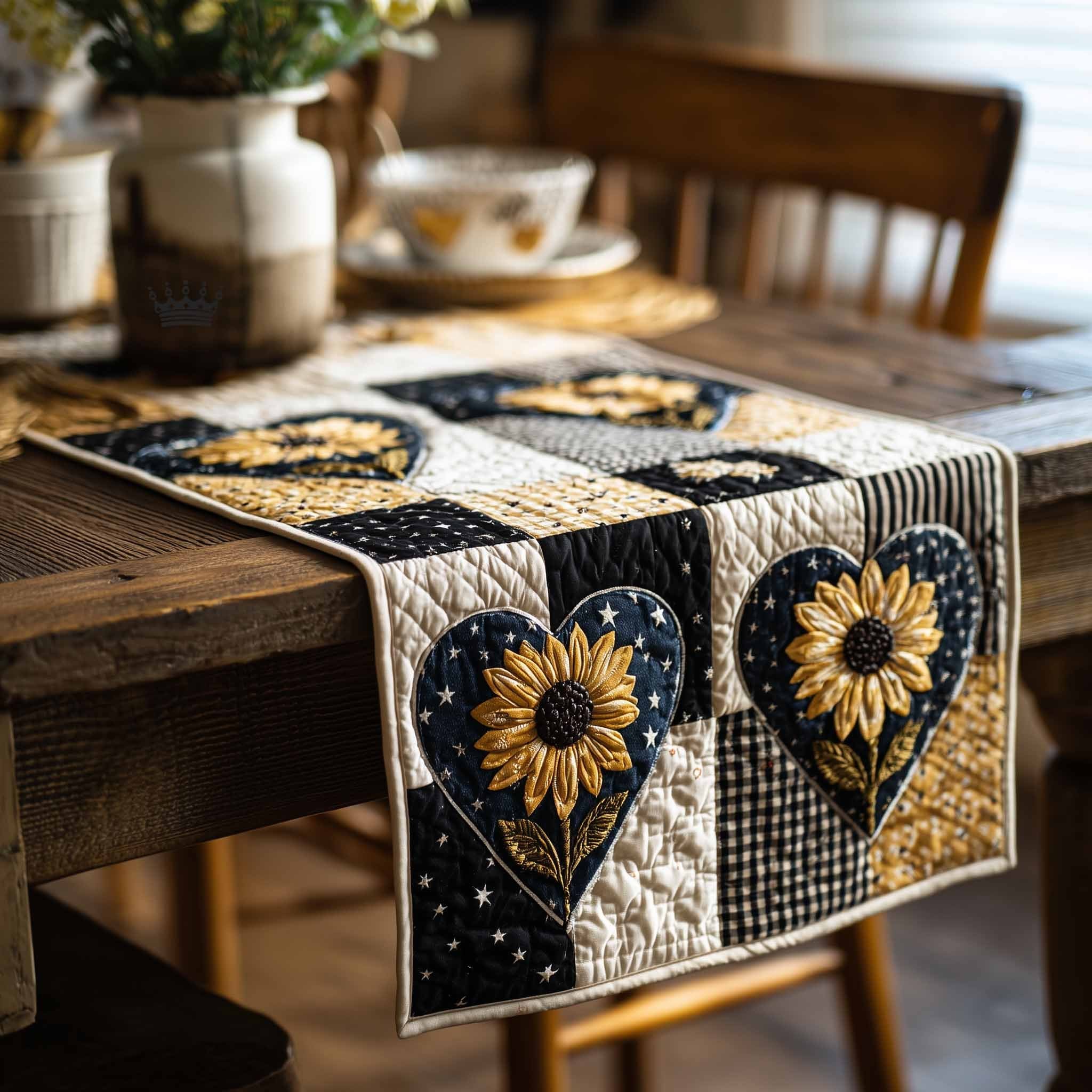 Sunflower Hearts on Black Patchwork Table Runner