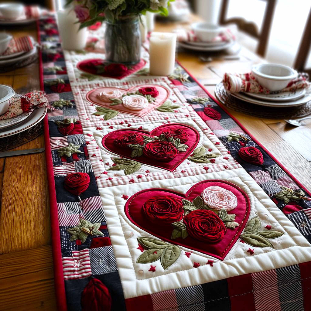 Red Roses in Hearts on Buffalo Check Table Runner
