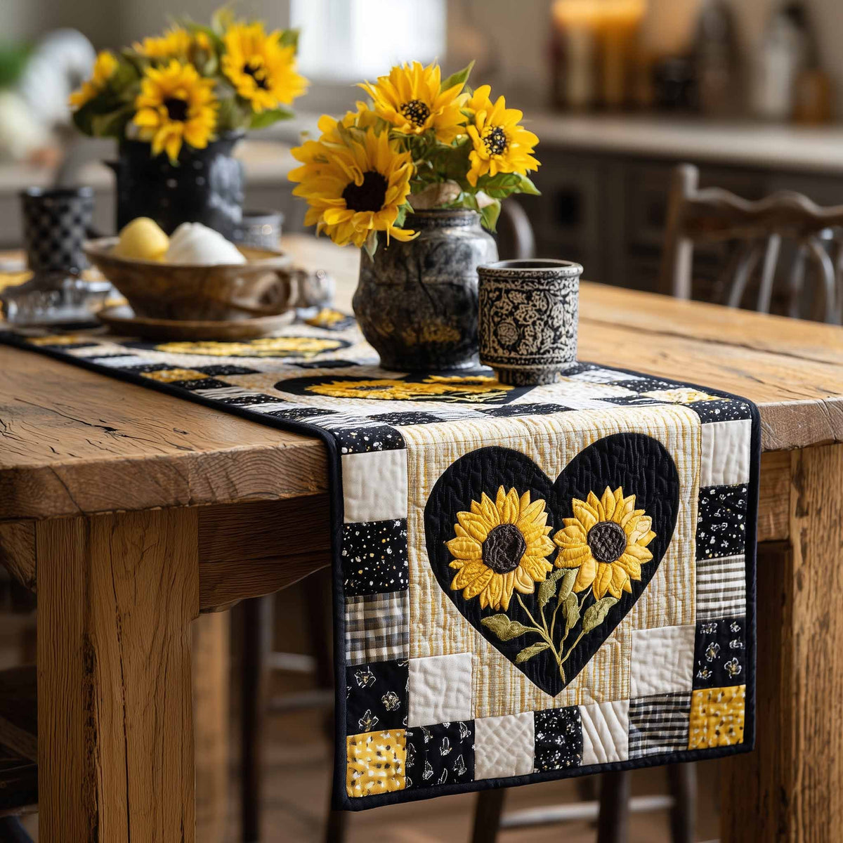 Sunflower Heart on Checkerboard Border Table Runner